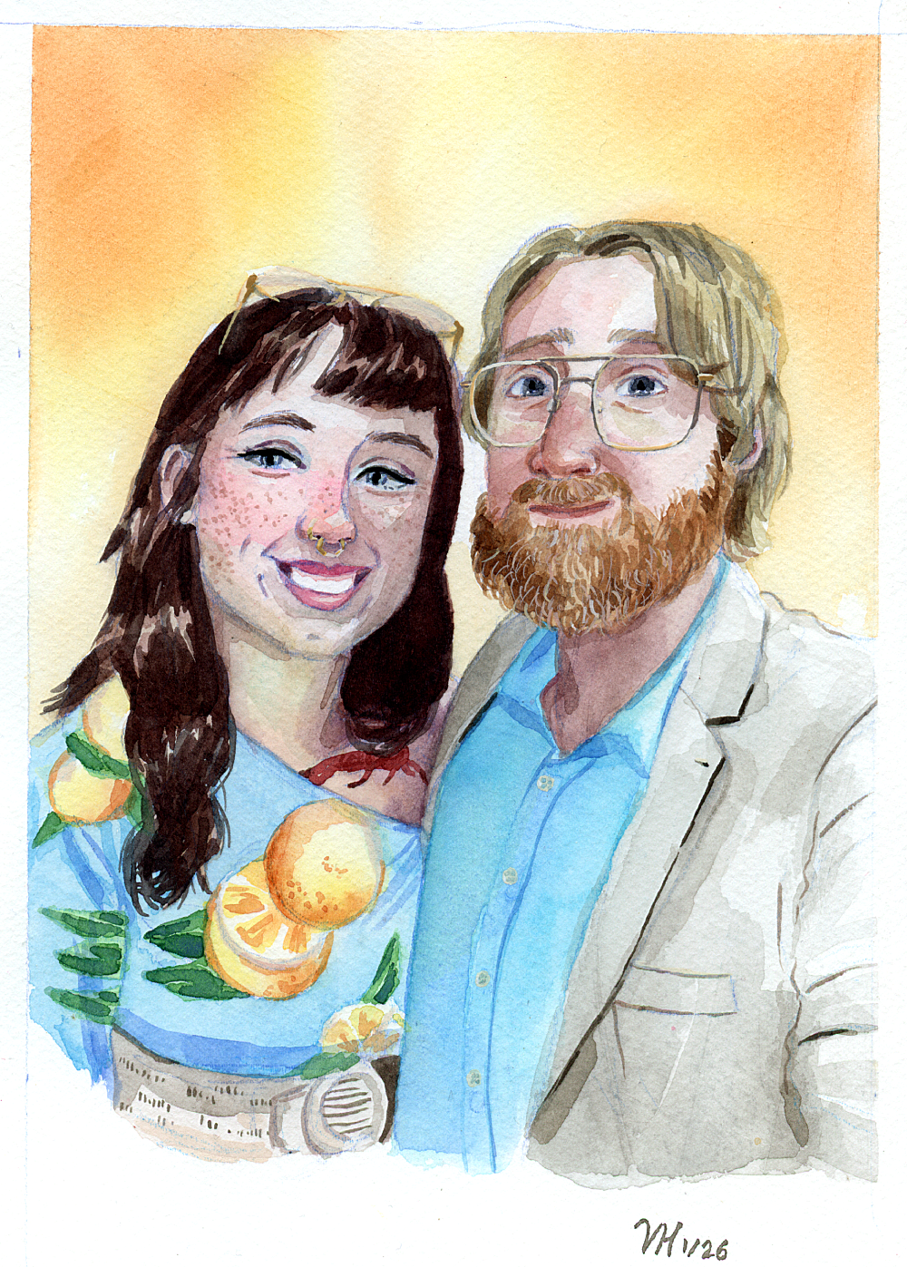 Young woman and man watercolour portrait. Yellow wash background. Friend painting.