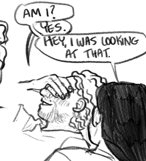 Drawing of a couple in bed with dialogue. Digitally drawn in black and white with a pencil texture.