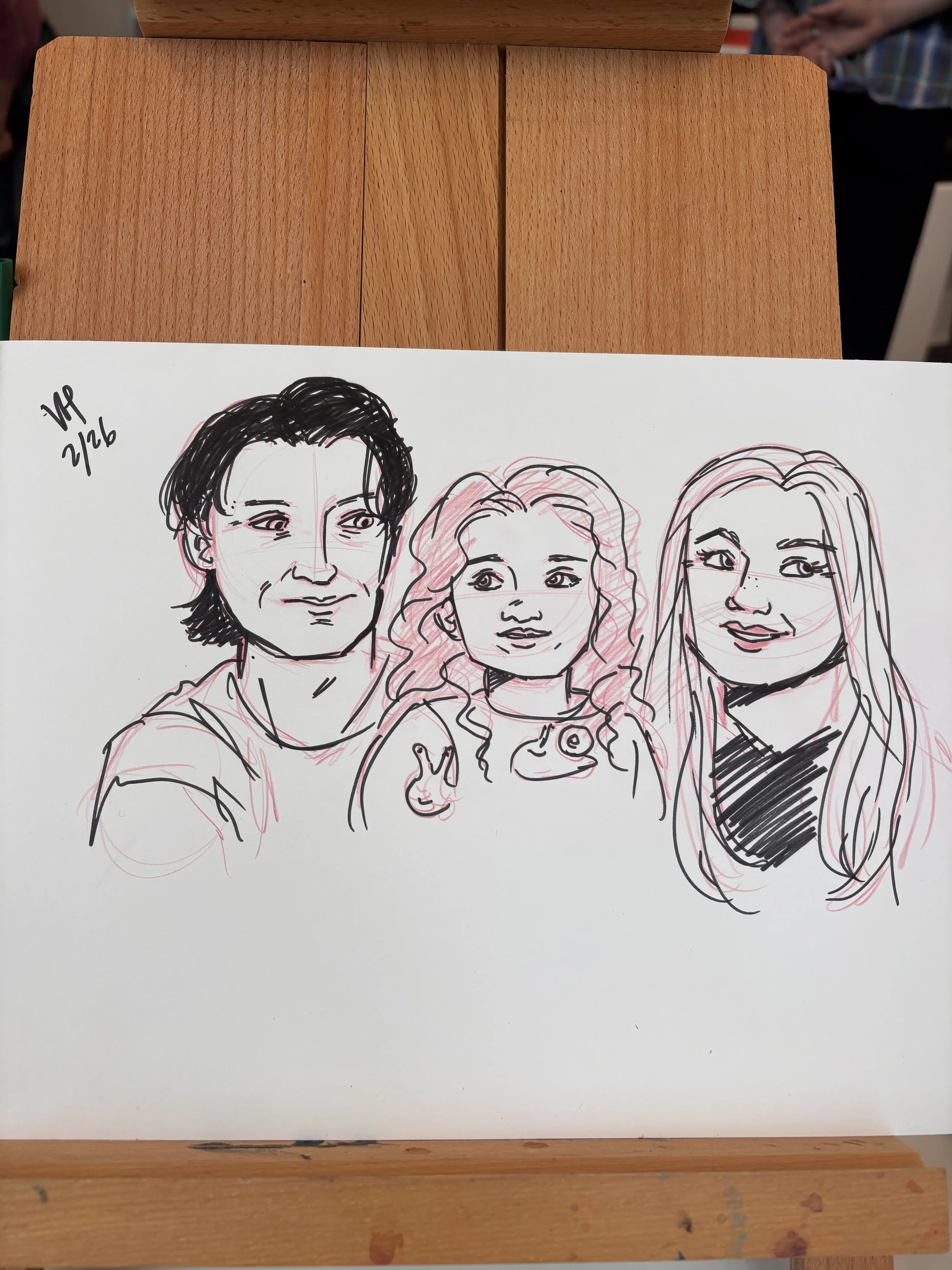 Drawing at a small business event, live portrait artist, pencil and ink art. Quick caricature sketch. Husband and wife and daughter. Family art.