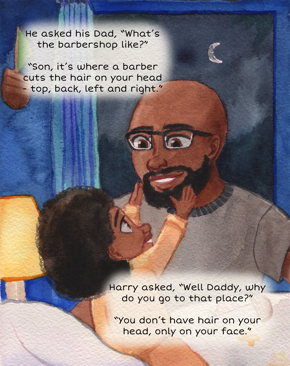 Watercolor illustration of a young black child and African American father, son and dad, kids' book. Children's illustration.