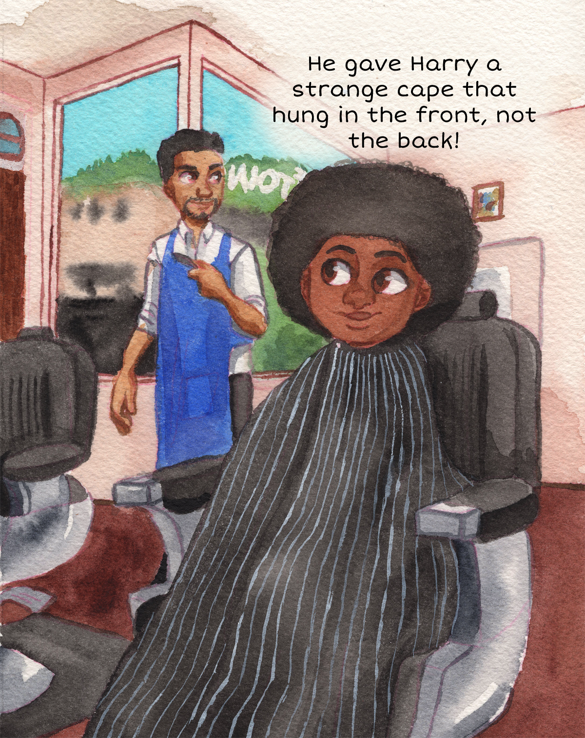 Young black boy goes to barber for the first time, black culture children's book and kid's illustration
