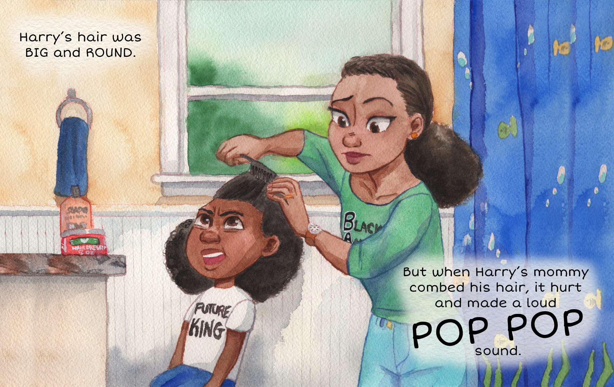 Young African American black child and mother. Harry's Hair children's book. Kid's book. Children illustration. Watercolor painting of a house.