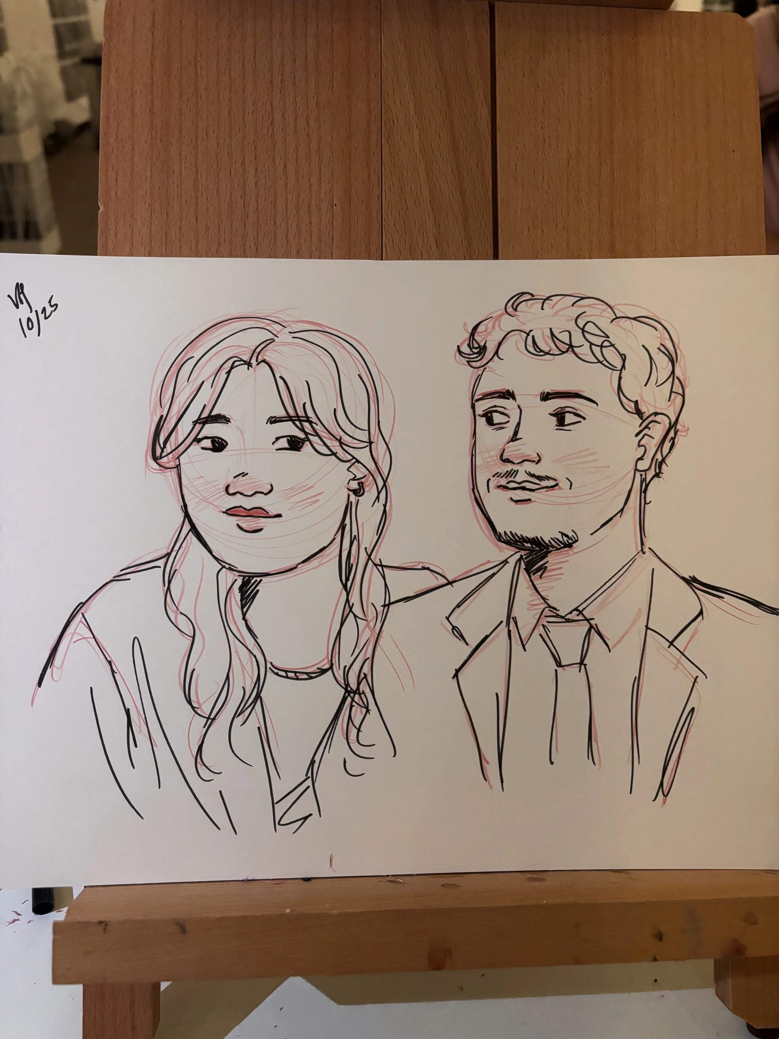 Ink marker and colored pencil drawing of a couple at a wedding.