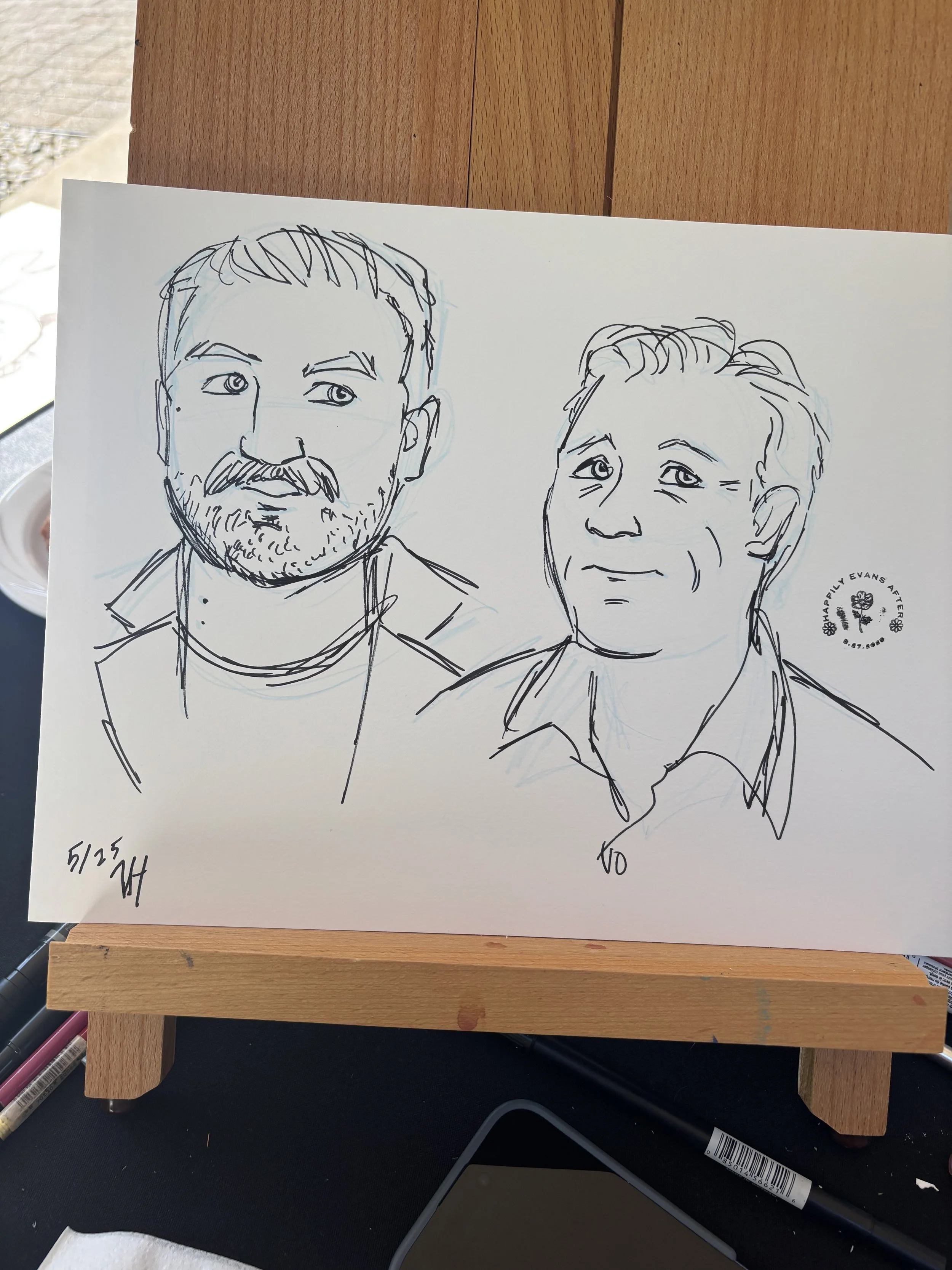 Pencil and ink live drawing sketch of two men, father and son, at a wedding.
