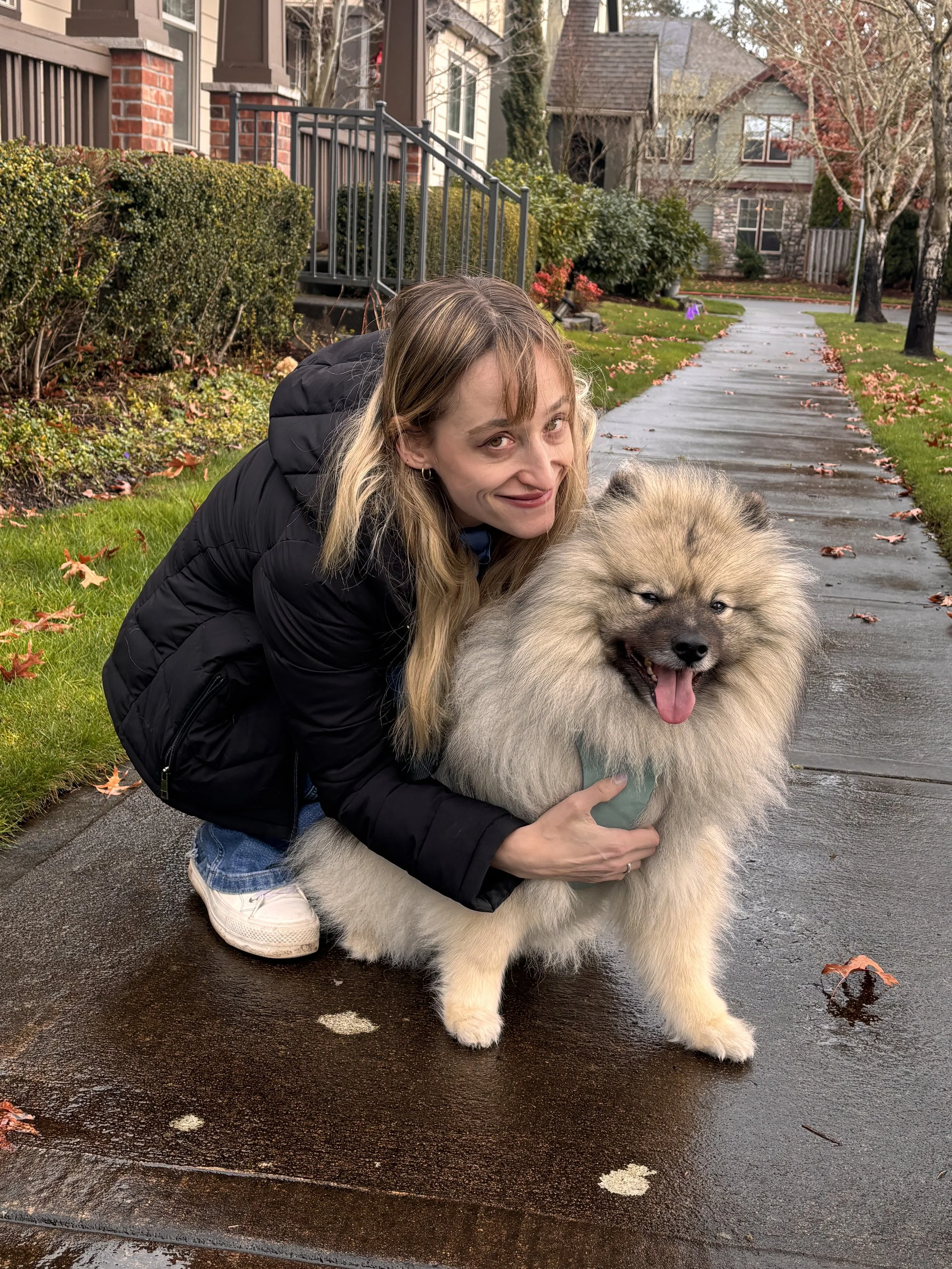 A woman crouching on a wet sidewalk, hugging a fluffy Chow Chow dog with a thick mane, on a residential street lined with trees and houses during fall.