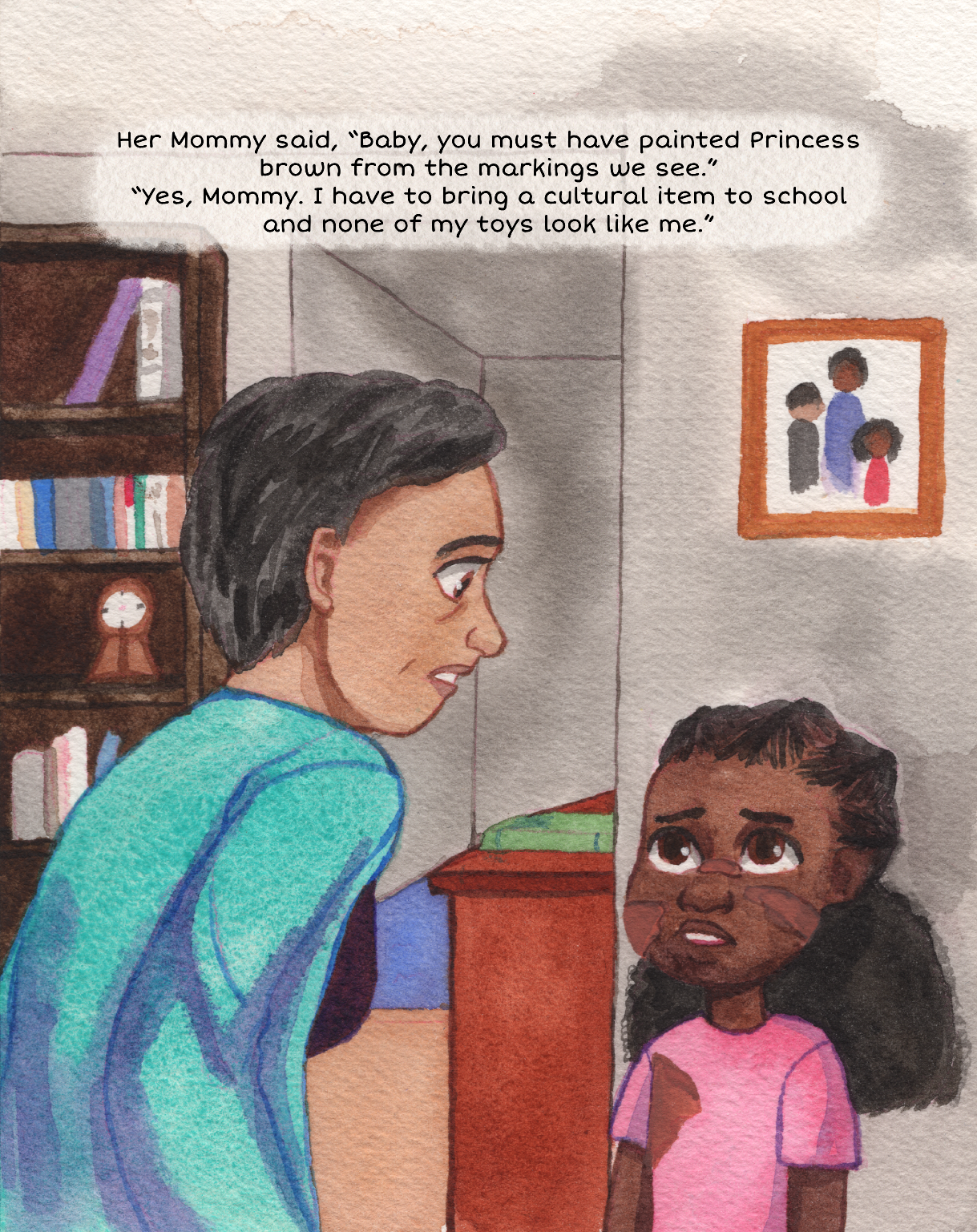 A watercolor illustration of a woman talking to a young girl in a room with a bookshelf and a framed family photo.