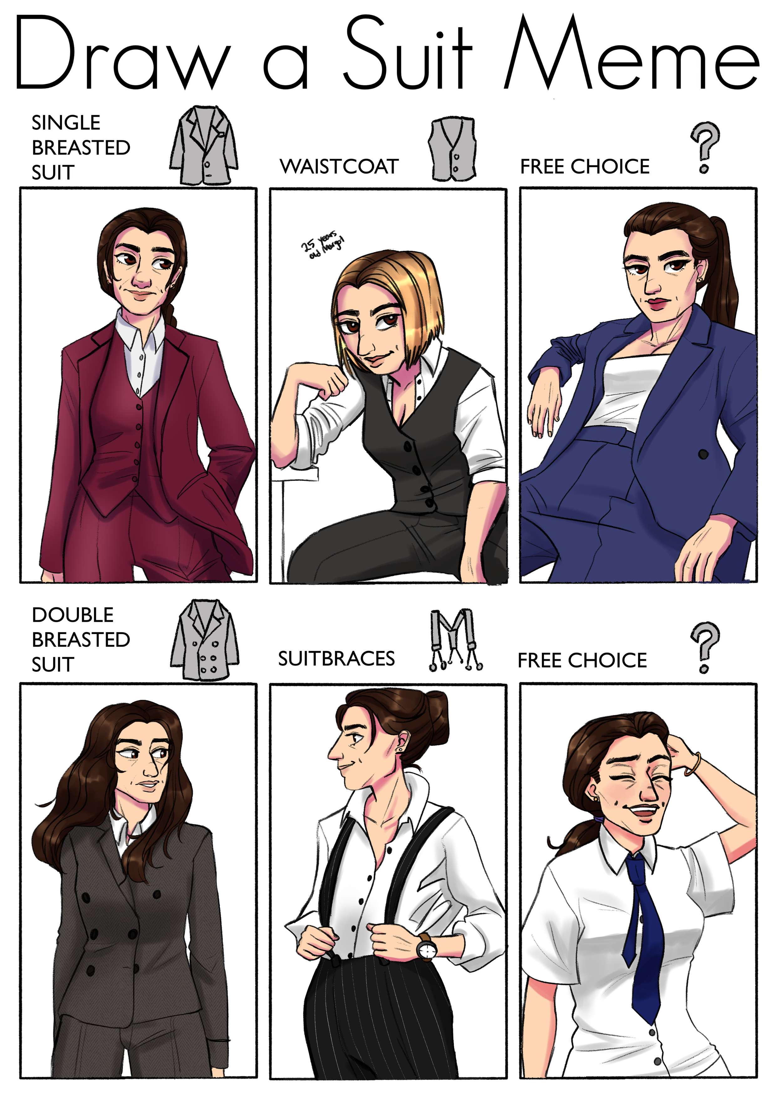 Beautiful female character, digital drawing, draw a suit meme, suit drawing meme illustration.