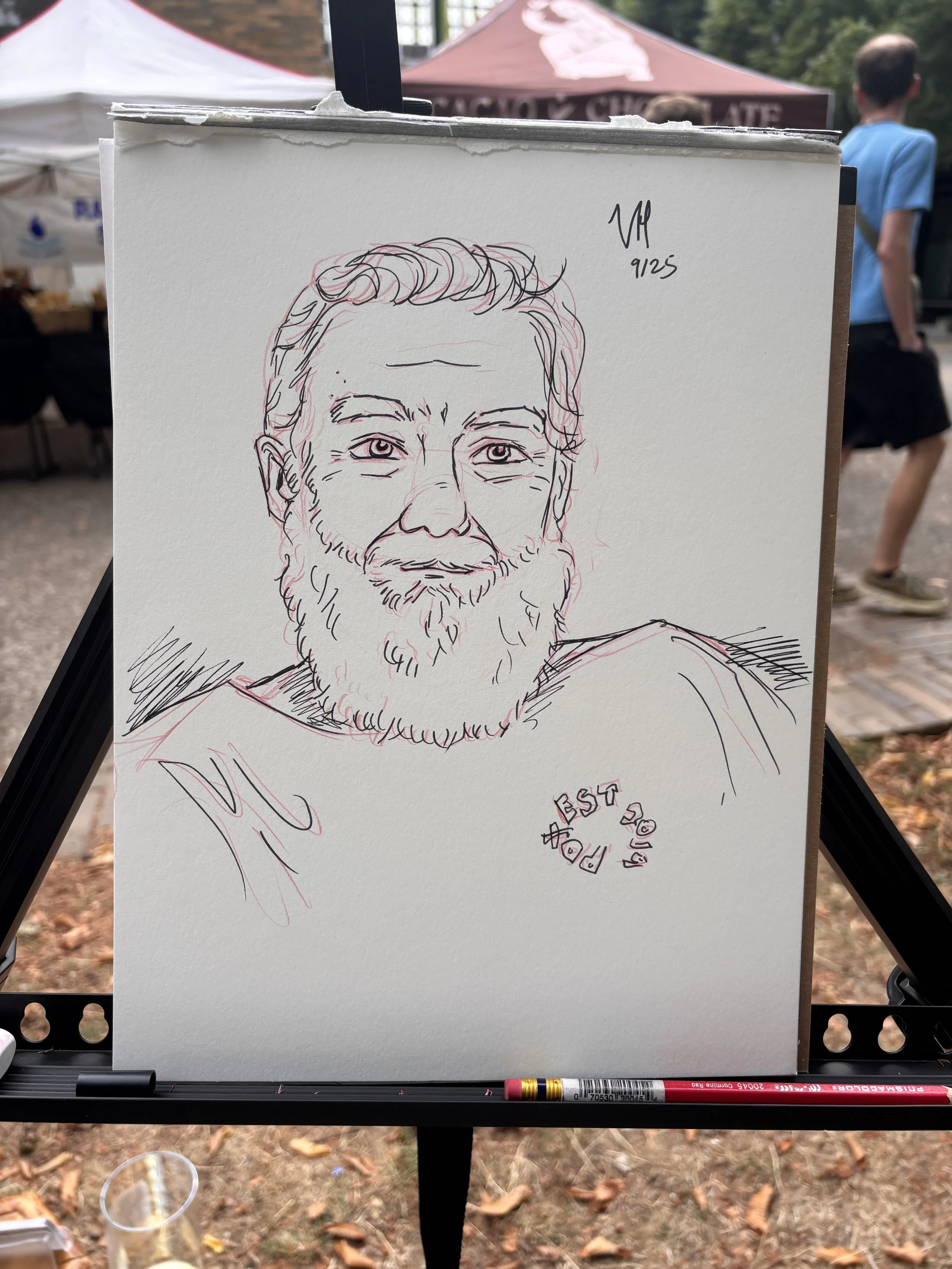 Live portrait art, market drawing, event art. Farmer's market drawing. Pencil and ink sketch. 