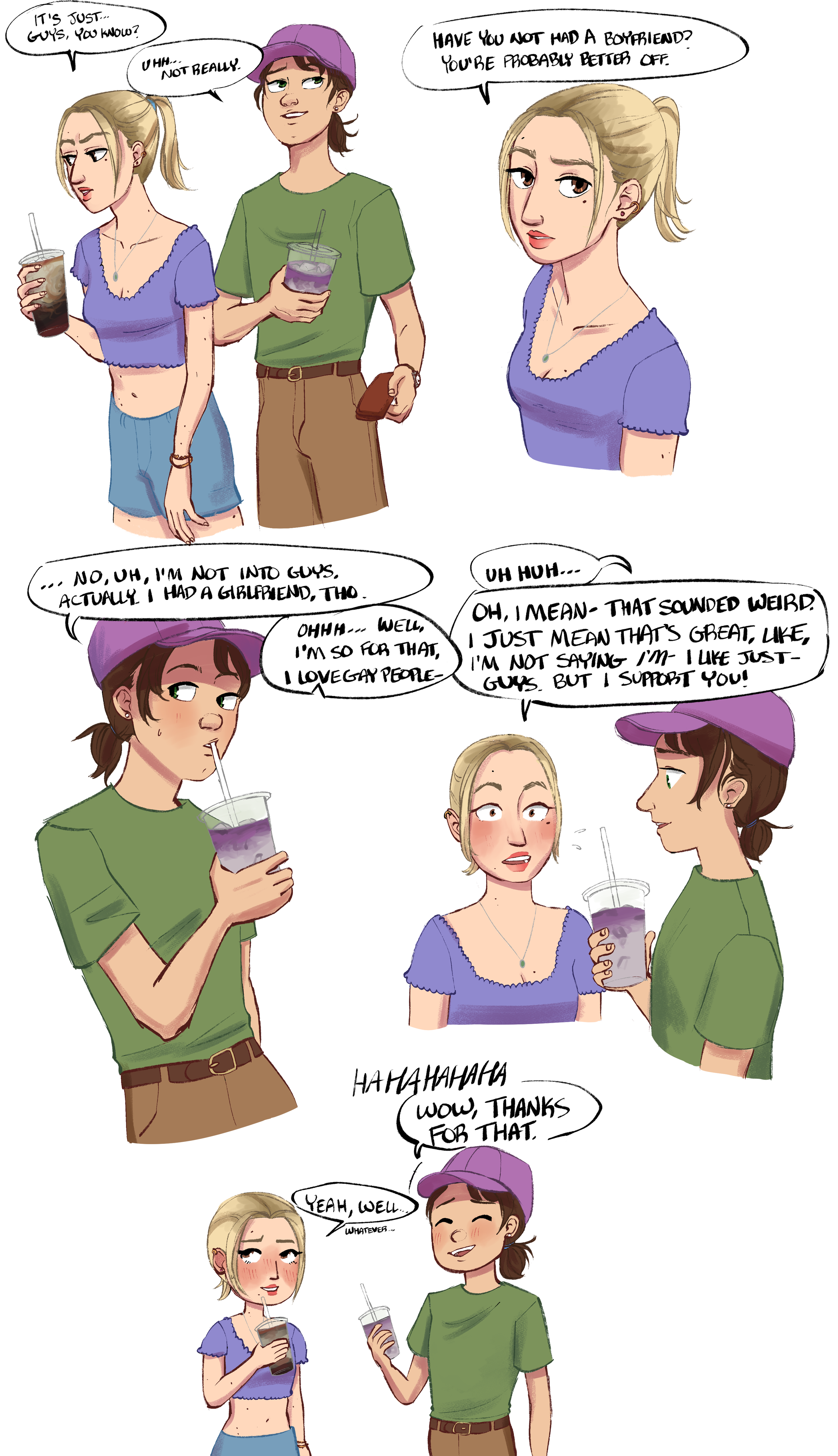 Digital art, lesbian sapphic wlw comic, drawing in a disney dreamworks western animation style. Gay yearning. Bisexual character. Lesbian character.