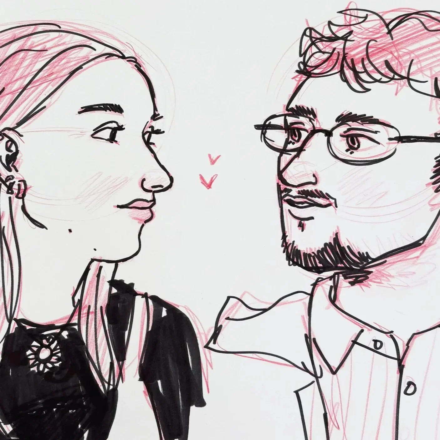 Live portrait illustation of a couple in ink and red colored pencil.