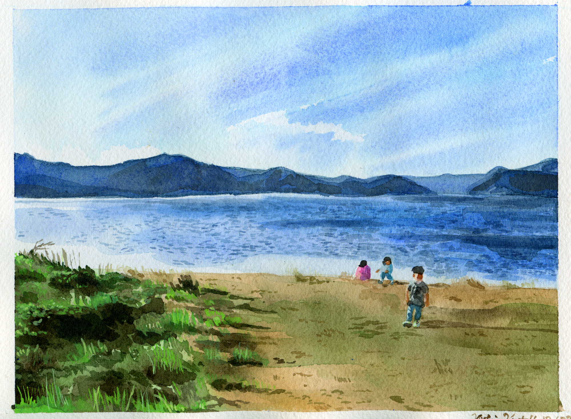 12/2023. Lake Biwa, Japan. This was painted lovingly for my Japanese teacher and a memory of our time together in Japan. Gouache was used to bring out the light colors of the grass.