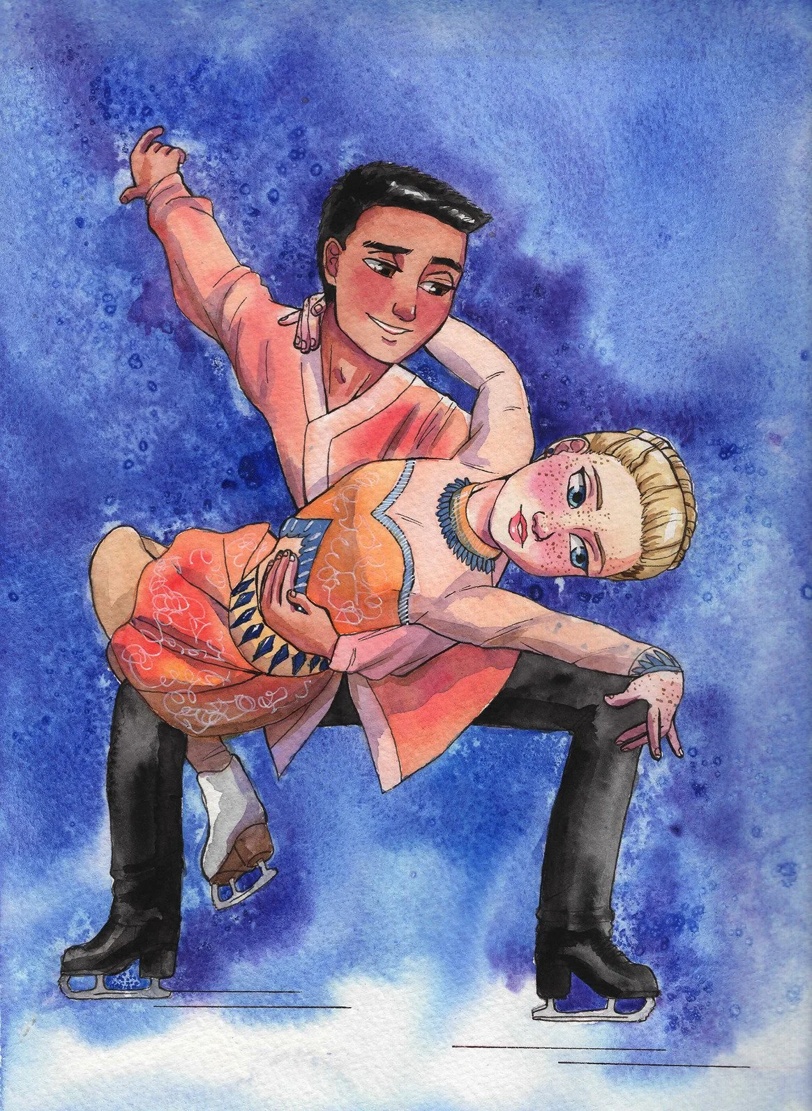 Watercolor painting of two young figure skaters doing an ice dance routine. The woman is blonde and they are both in orange outfits. Blue background.