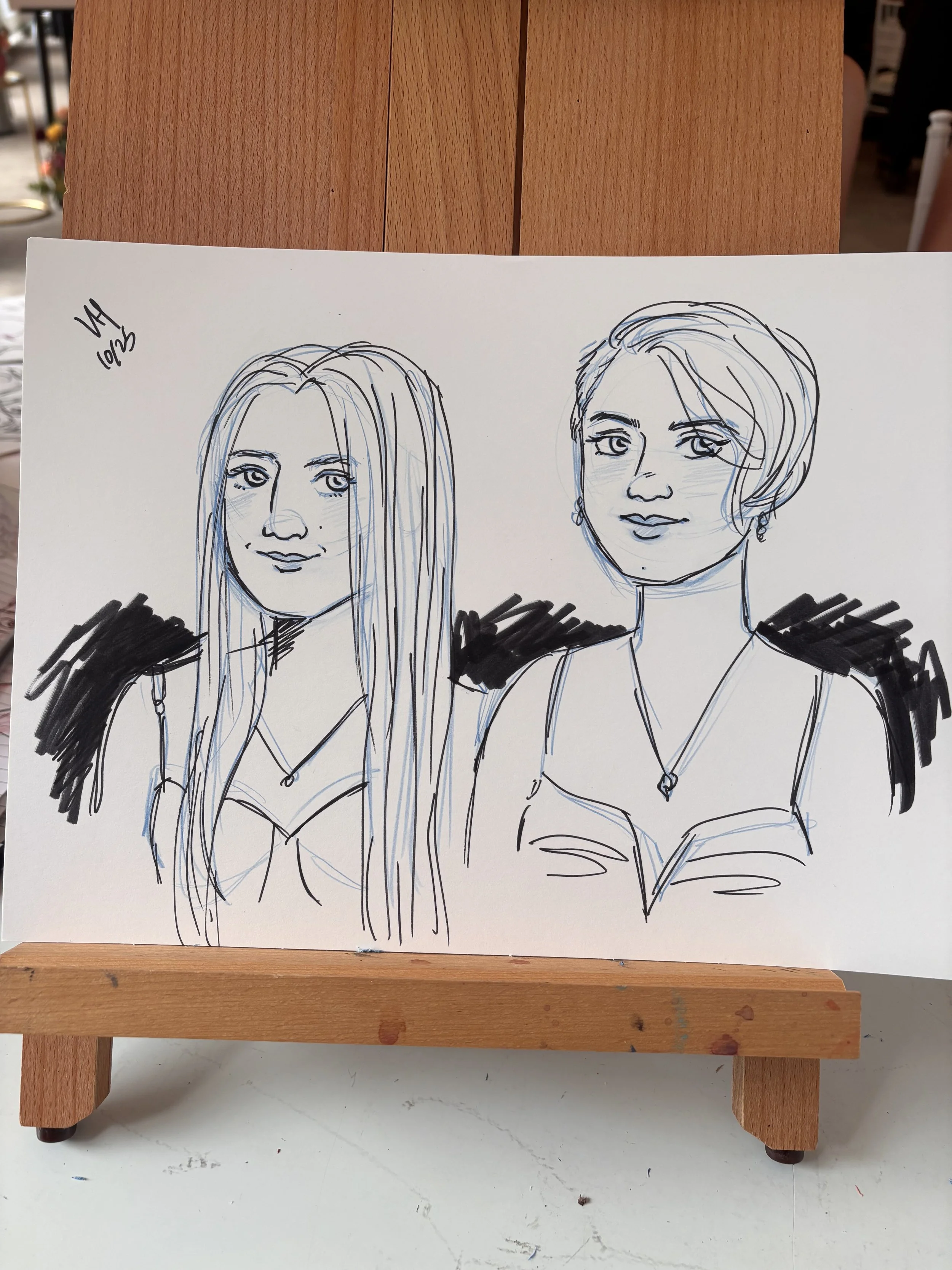 Drawing in ink and colored pencil of two teenage guests at a wedding.