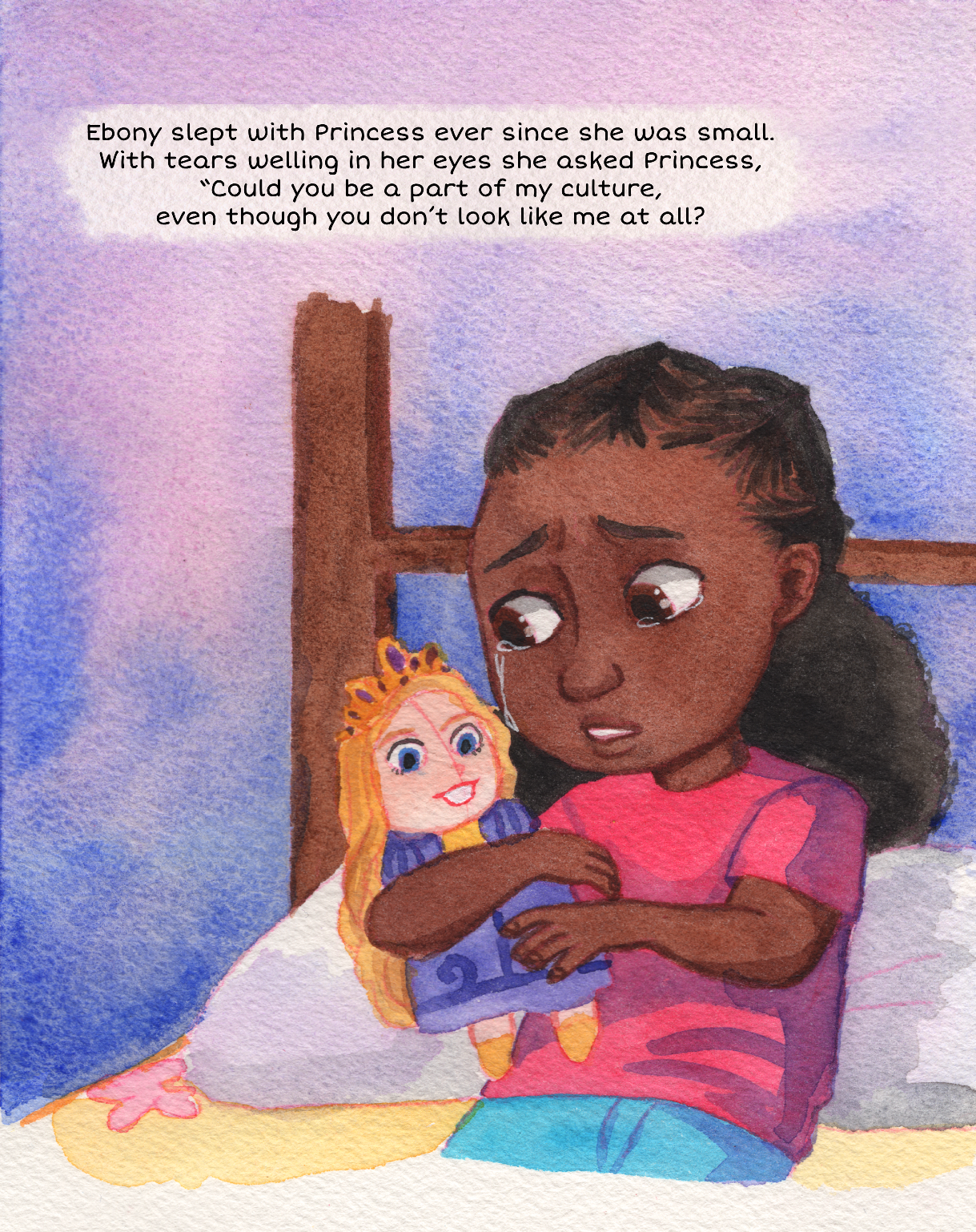 A young girl with dark hair sitting on a bed, watercolor children's illustration, storybook art, kid's books.