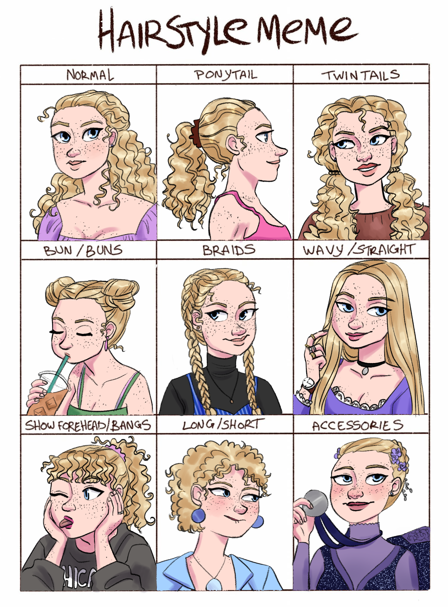 Digital art, drawing of girl with different hairstyles, hairstyle meme, freckles cartoon art, disney dreamworks animation style