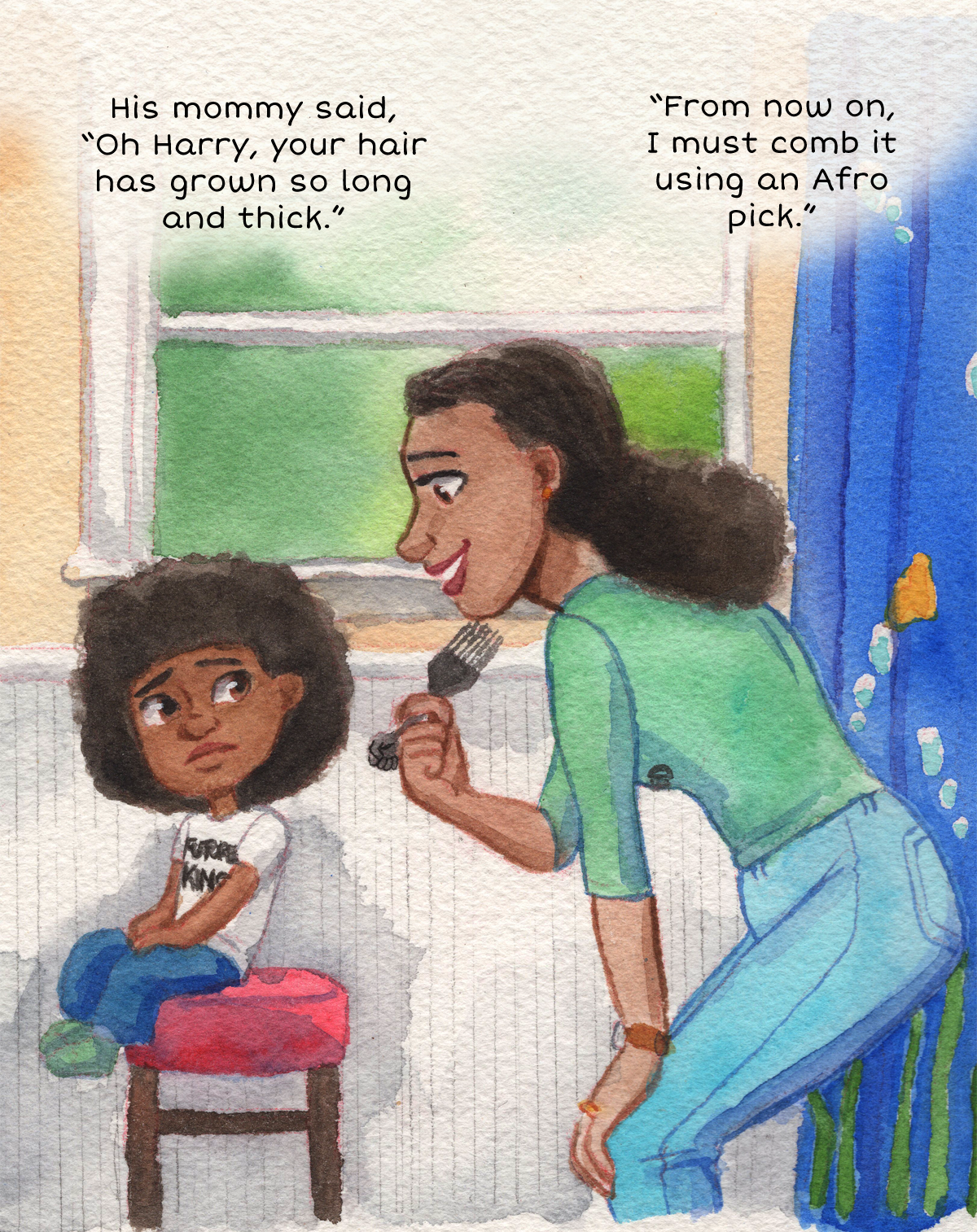 Young black boy and mom/mother watercolor painting. Children's book, children's illustration. Books for kids.