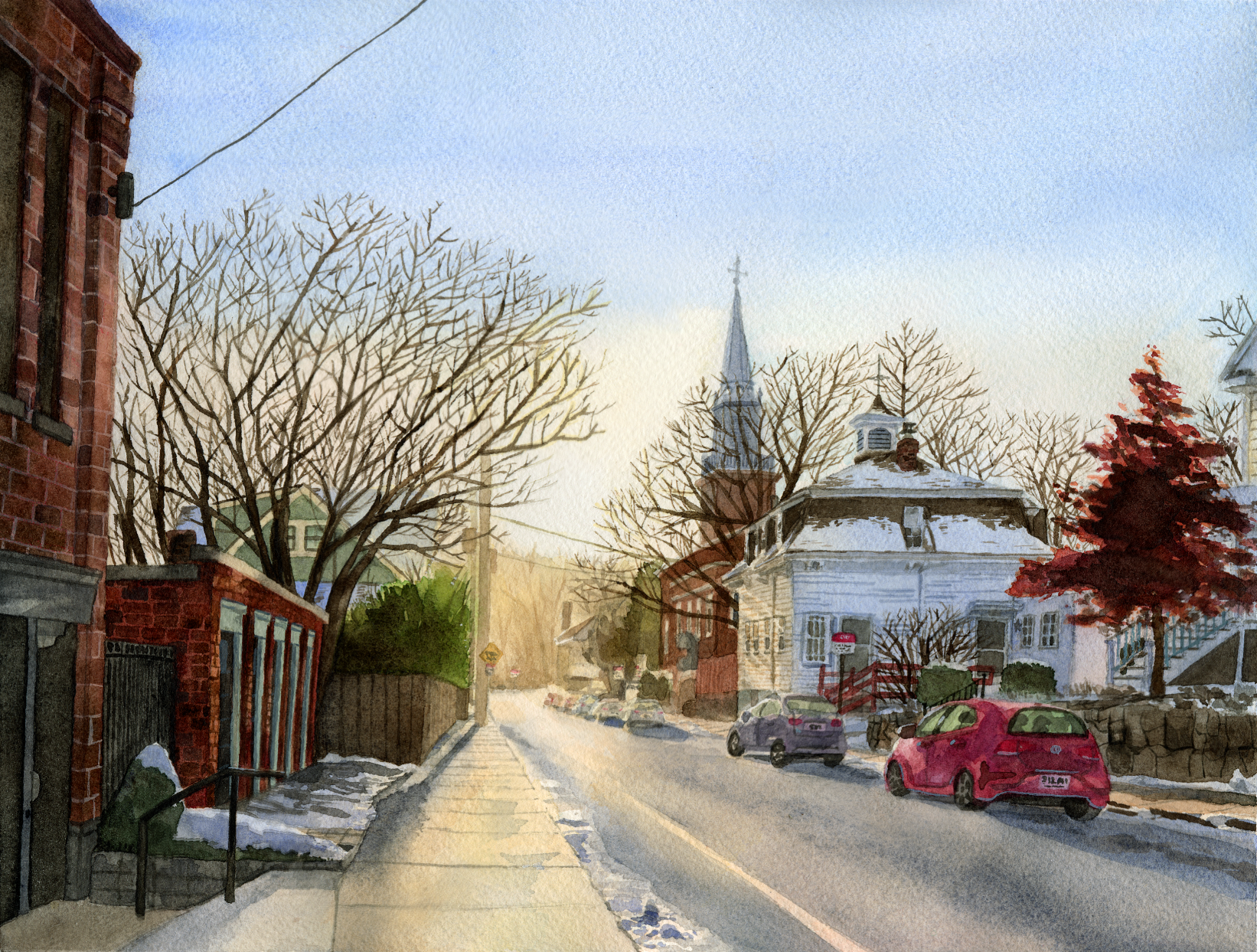 A watercolor painting of a snowy neighborhood street in Jamaica Plain Boston Massachussets, with trees, houses, and parked cars under a clear blue sky.