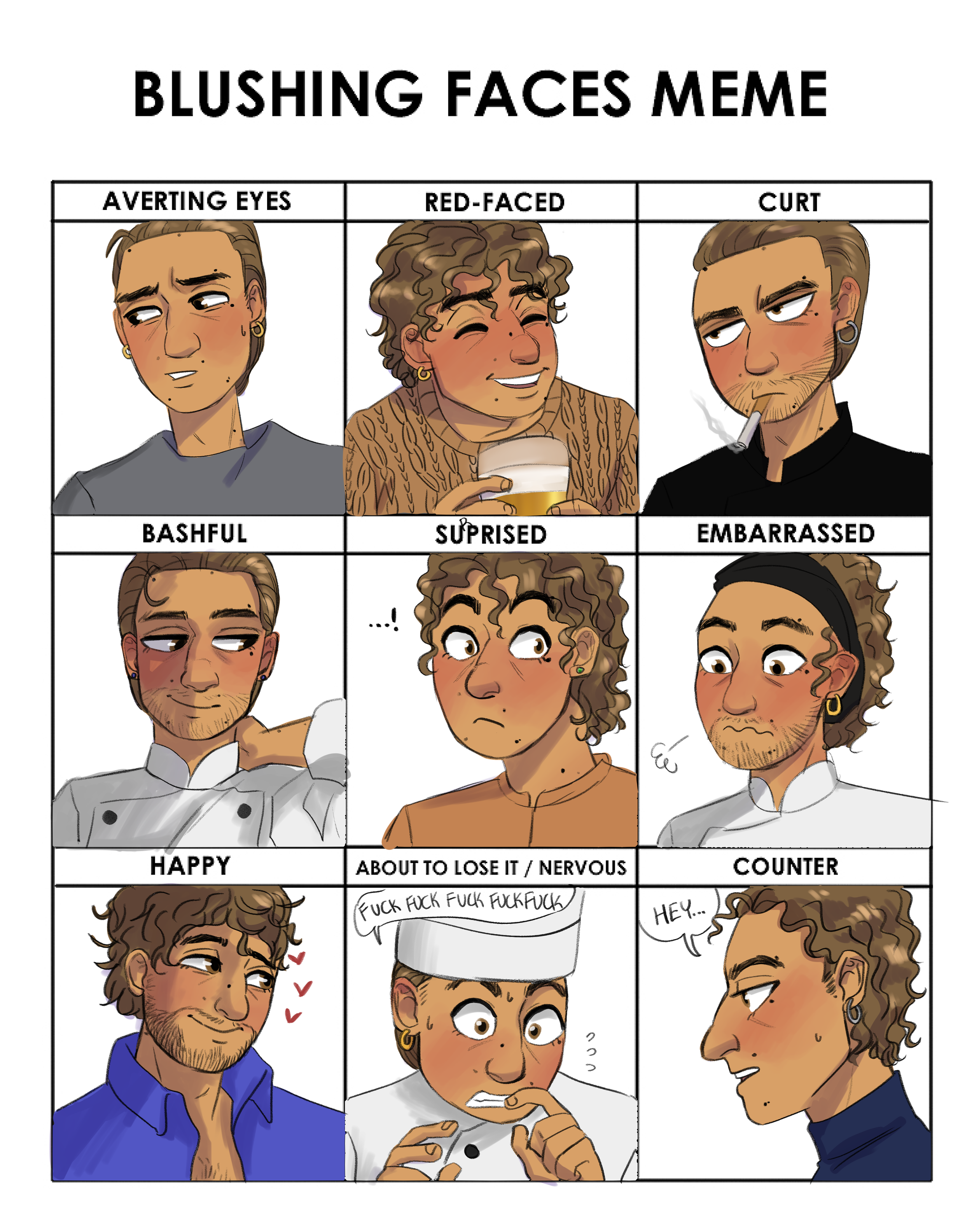 Digital illustration, restaurant workers webcomic, comic about restaurants, drawings. digital art. webcomic. Blushing faces meme.