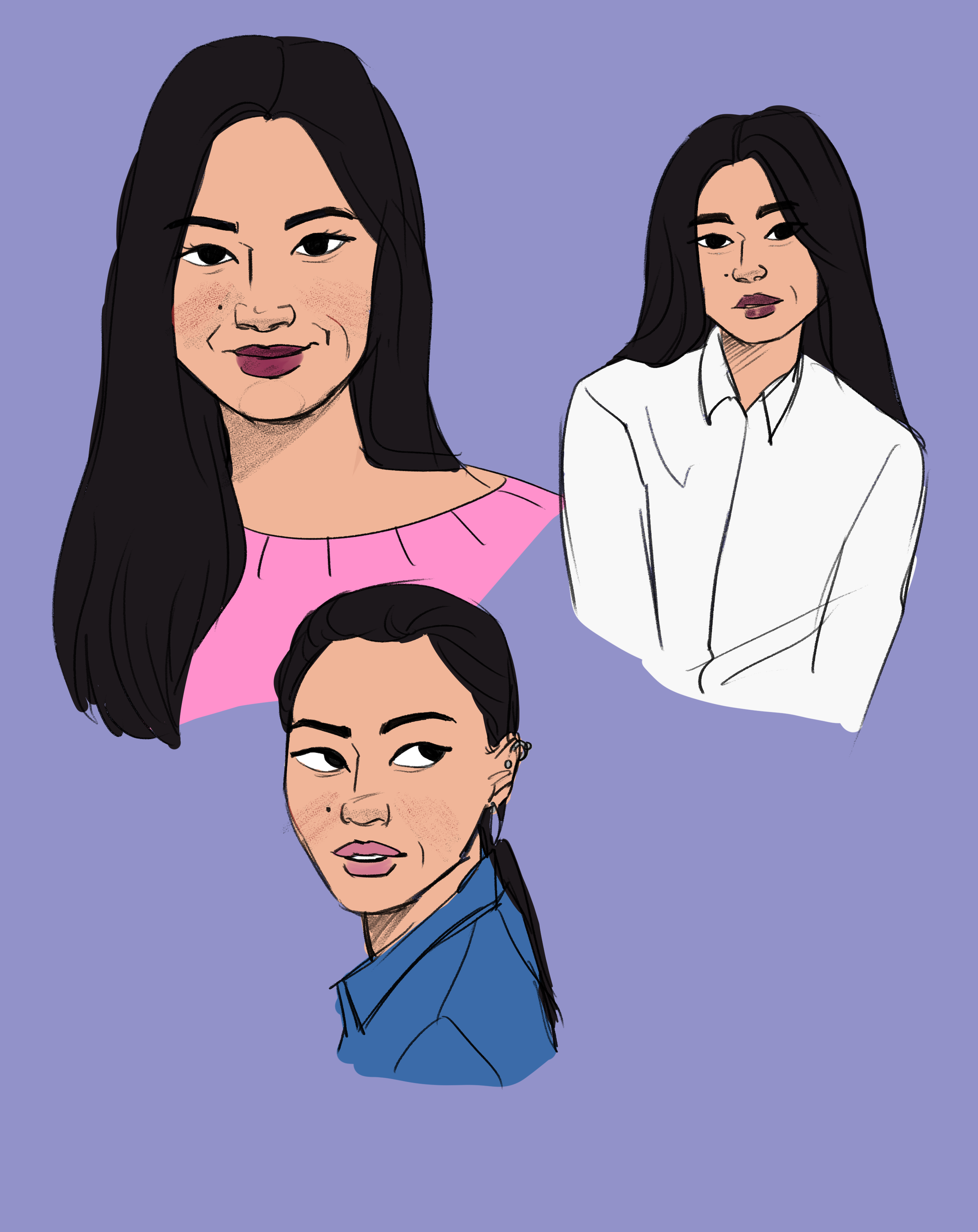 Asian american character, digital pencil sketch. Flat colors.