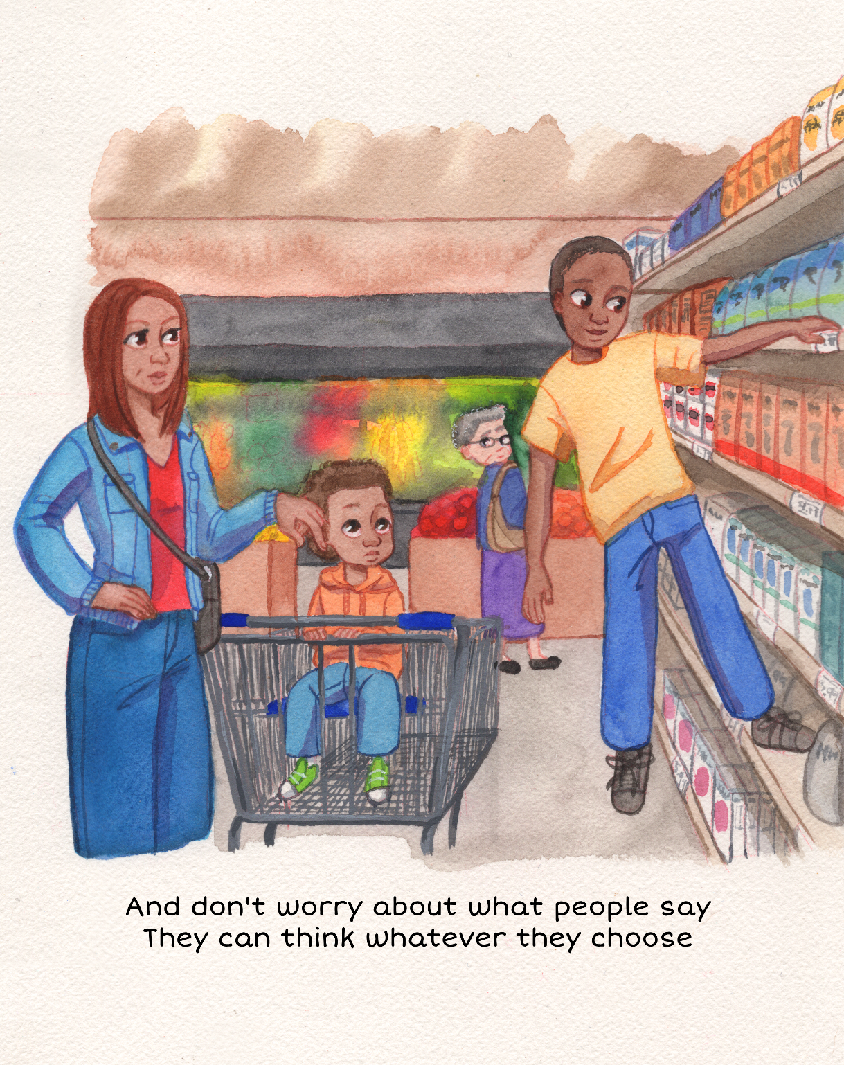 A woman with red hair in a blue jacket stands next to a child in a shopping cart inside a grocery store, with an African American boy reaching for items on the shelf. Other shoppers are present, and a sunset is visible through the store window. The c