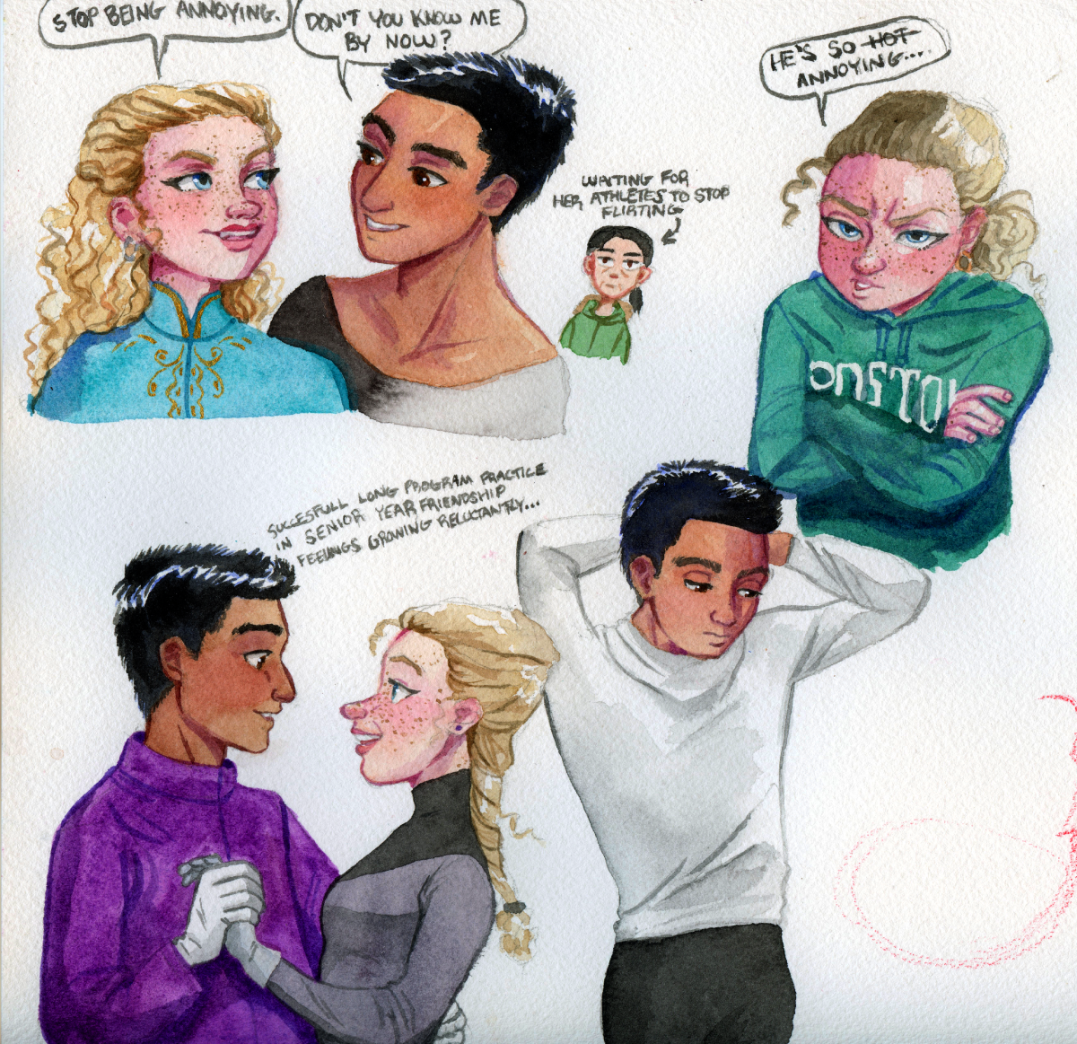 Watercolor character illustrations of two figure skaters. Pair ice dance couple. Webcomic. Indian Jewish American character.