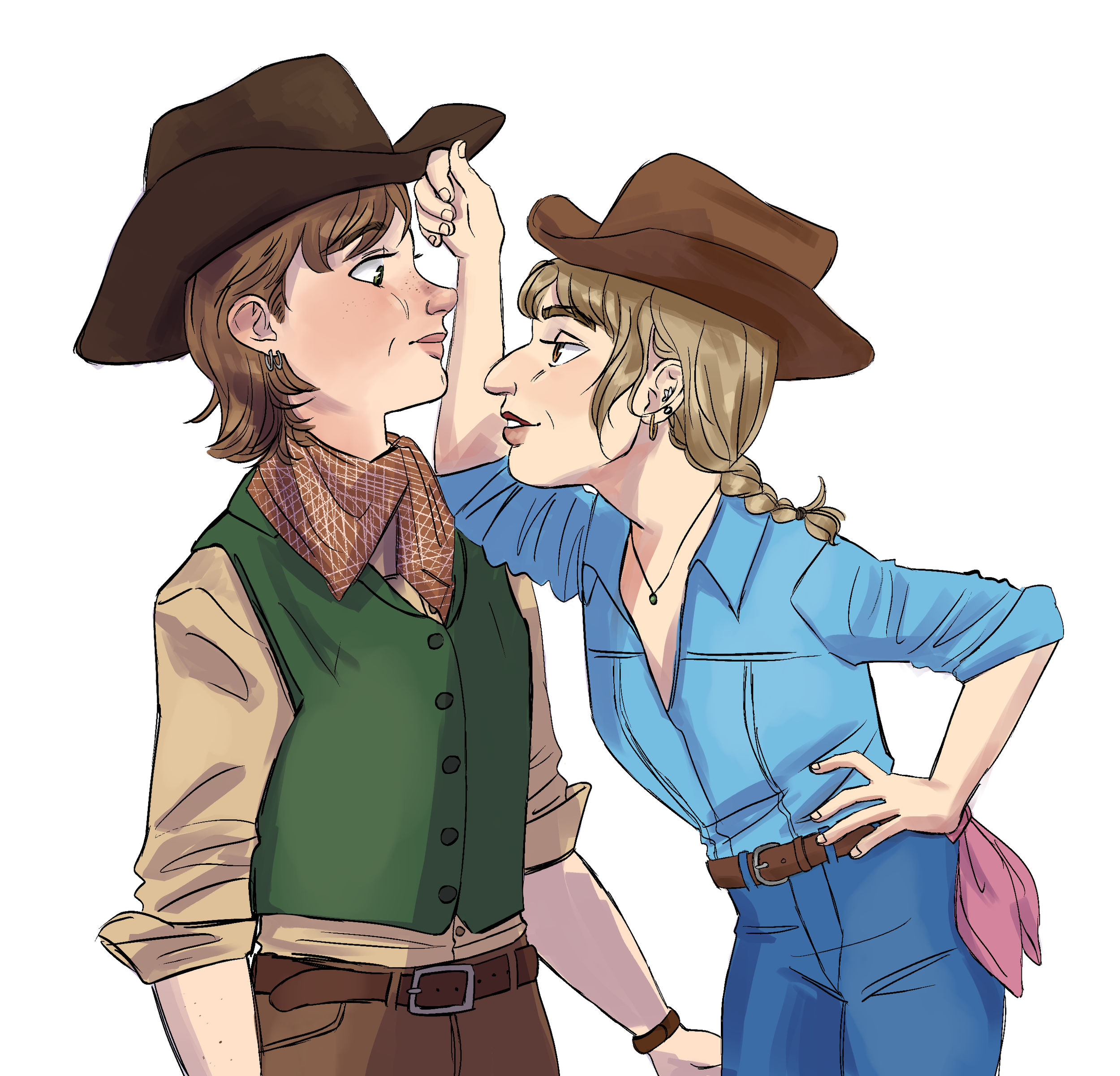 A digital drawing of two women in cowgirl outfits, one is leaning into the other. It's depicting a lesbian relationship.