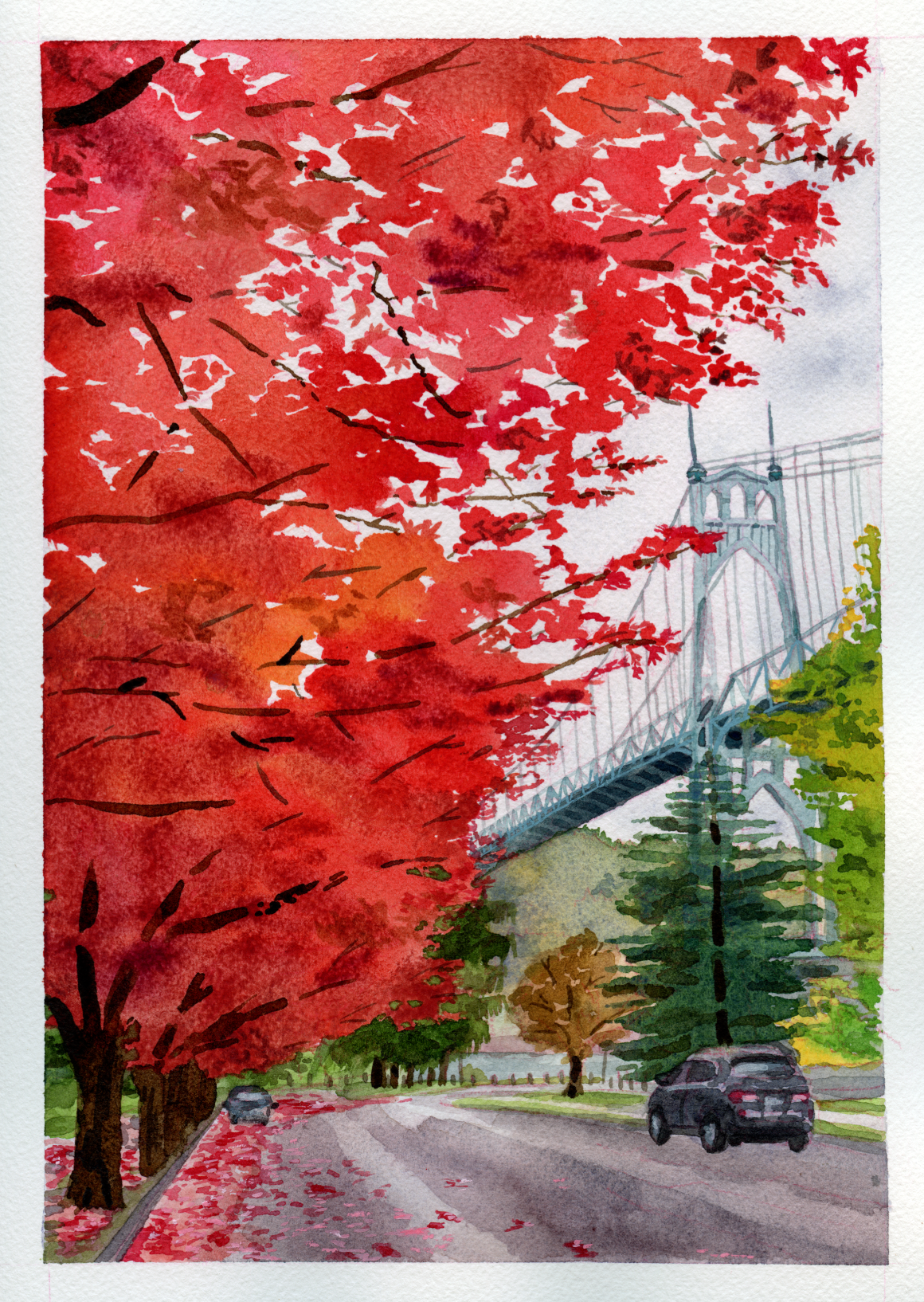 12/2026. St. John's Bridge, Portland, OR. Focus on the beautiful fall foliage, wanted a nice autumnal piece. 
