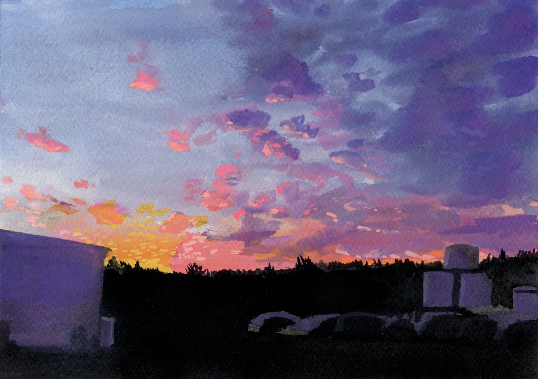 07/2026. Gouache. A cloudy purple and pink sunset in Dundee, OR. Part of a series of sunsets I did when studying gouache.