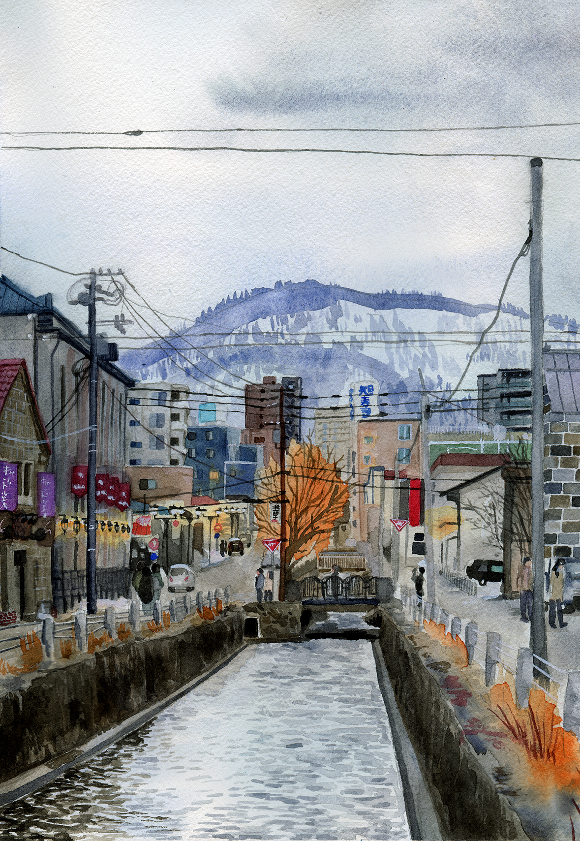 10/2023. Otaru, Hokkaido, Japan- canal in the winter with mountains in the back. Painted from a photo I took when traveling there- I took creative liberties with a lot of the orange colors.