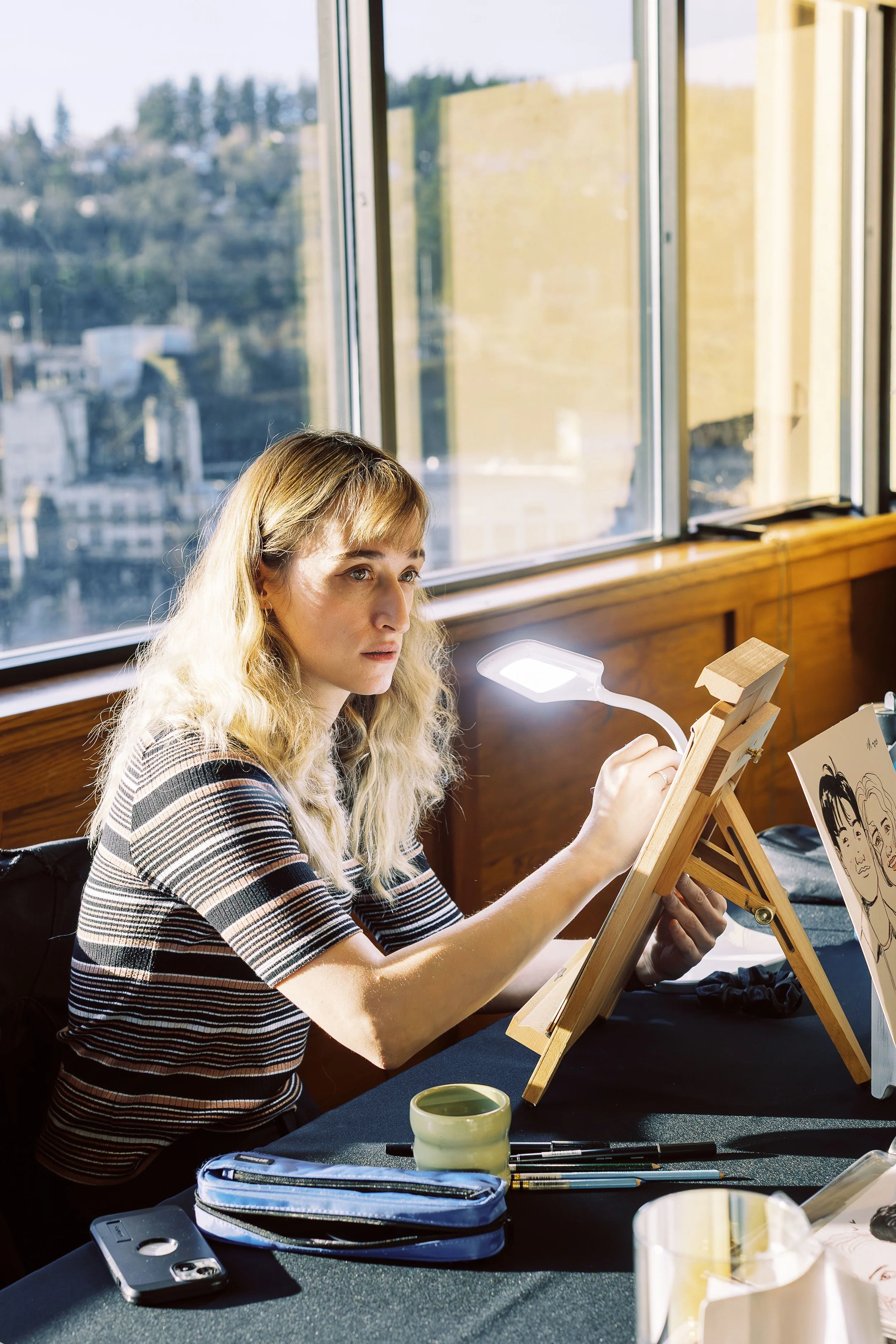 Live portrait artist at corporate wedding venue opening event. Quick sketches, fast drawings for weddings events and markets. Young LGBT bisexual female sapphic artist. WLW artist. Lesbian relationship. Watercolorist. Local Portland Oregon PNW