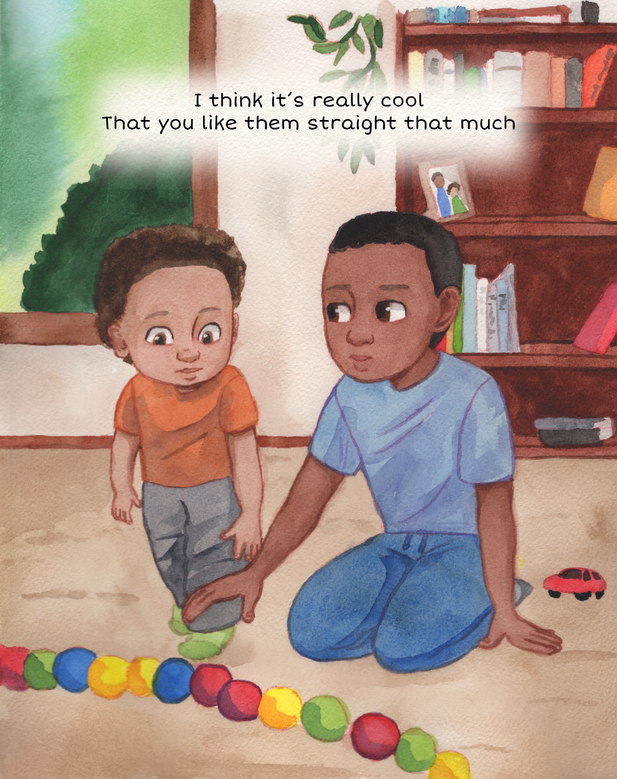 A watercolor illustration of two boys playing on the floor. The boy on the right, with darker skin and wearing a blue shirt, is kneeling and touching the ground. The boy on the left, with lighter skin and wearing an orange shirt, is standing and look