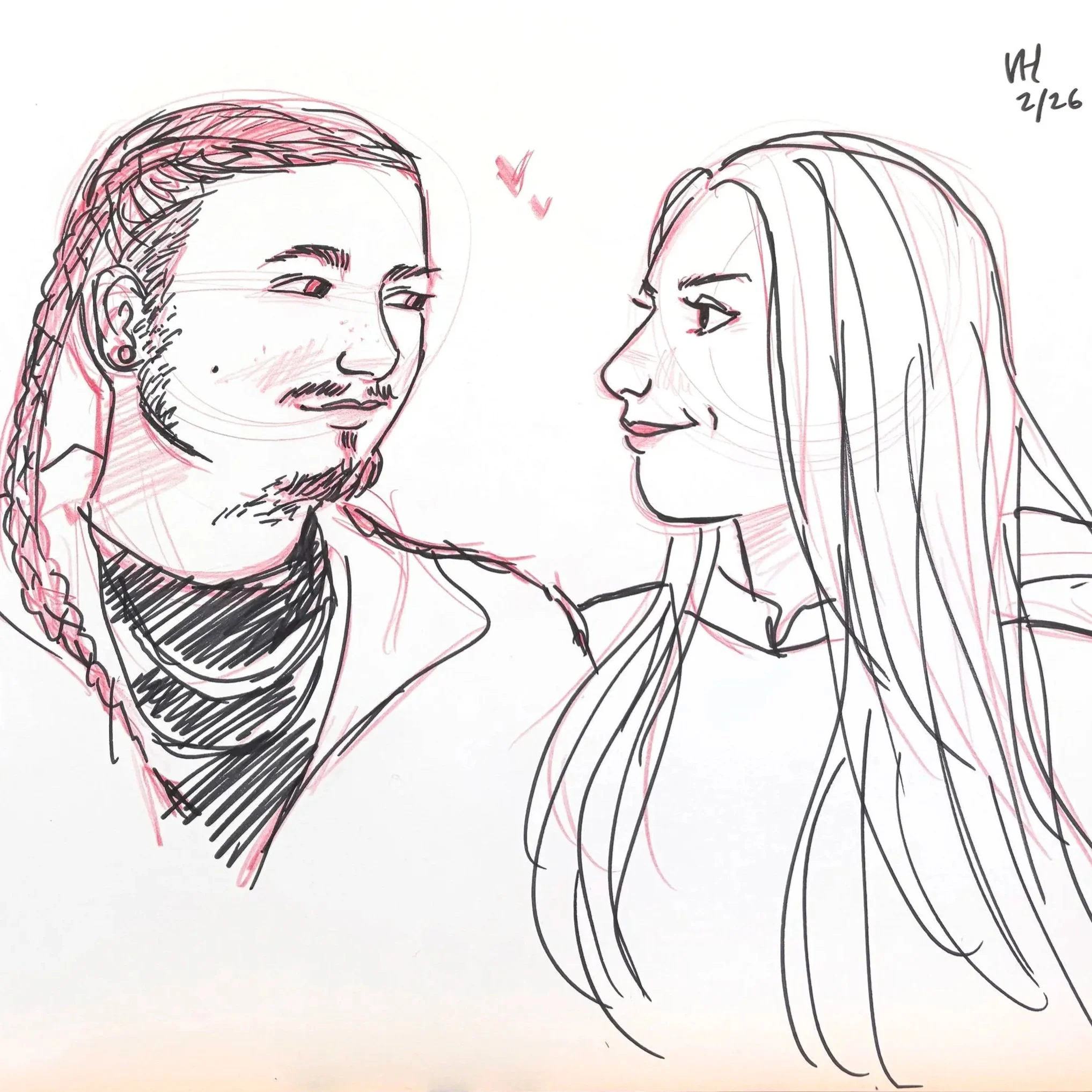 A hand-drawn sketch of a man and woman looking at each other with small hearts above their heads, indicating affection.