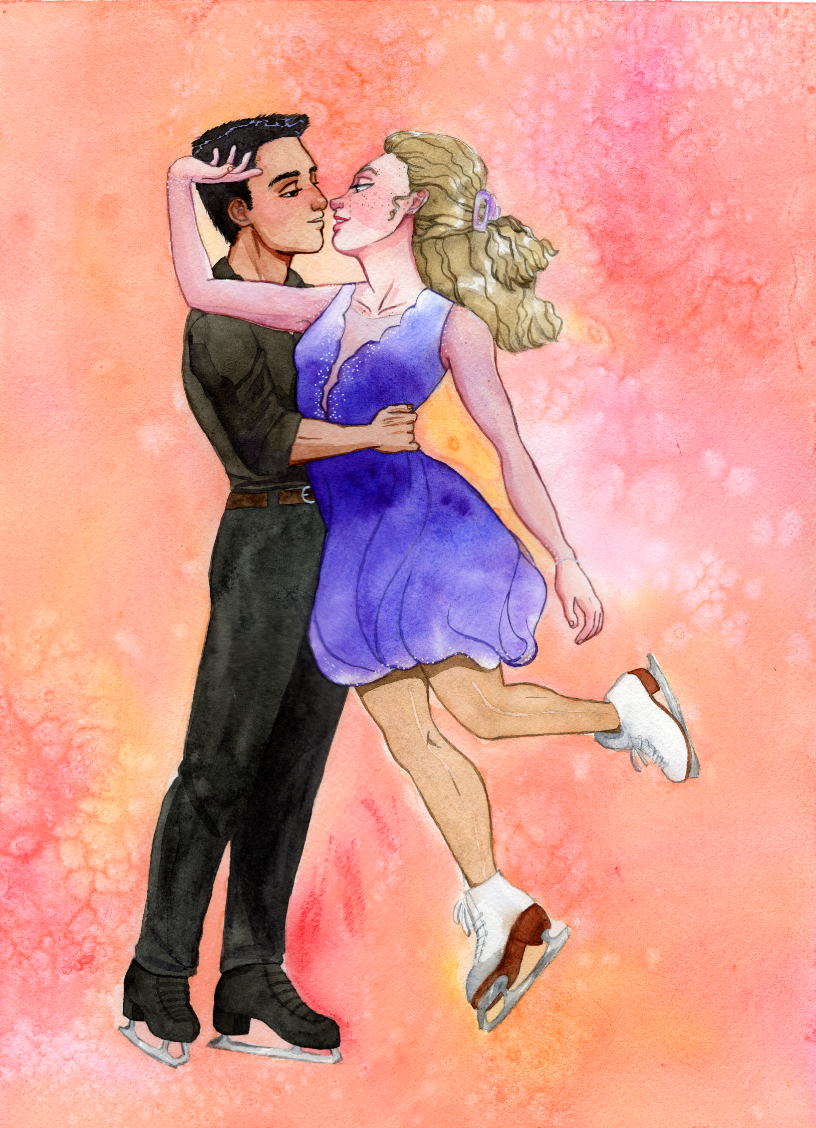 Illustration of two figure skaters in watercolor with a salt wash background.