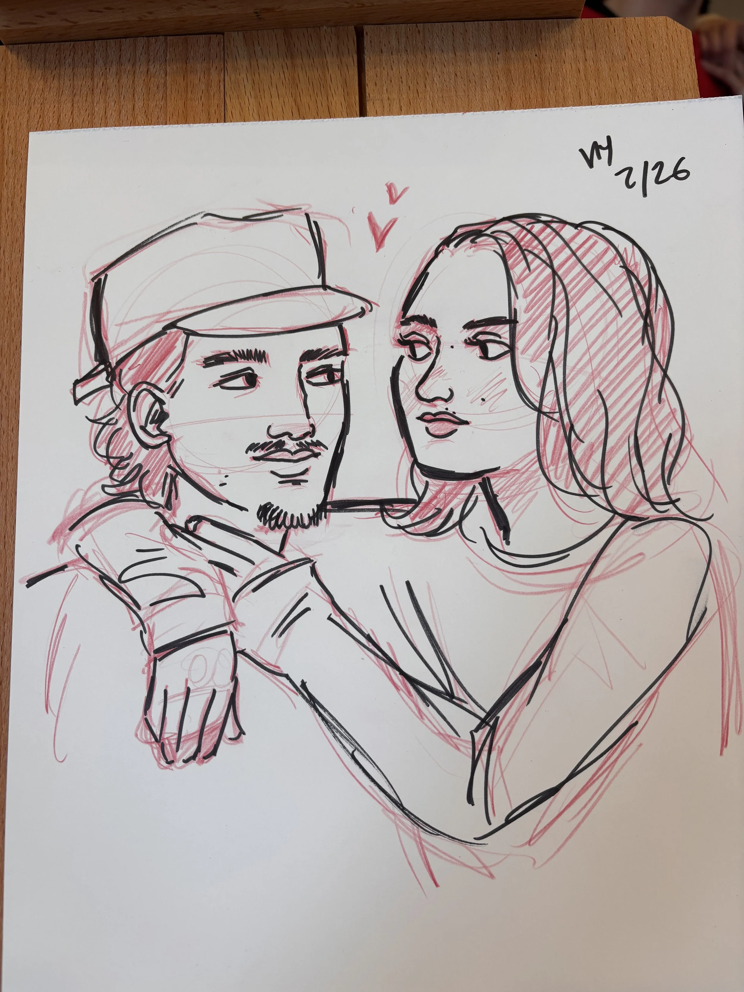 Drawing at a small business event, live portrait artist, pencil and ink art. Quick caricature sketch.