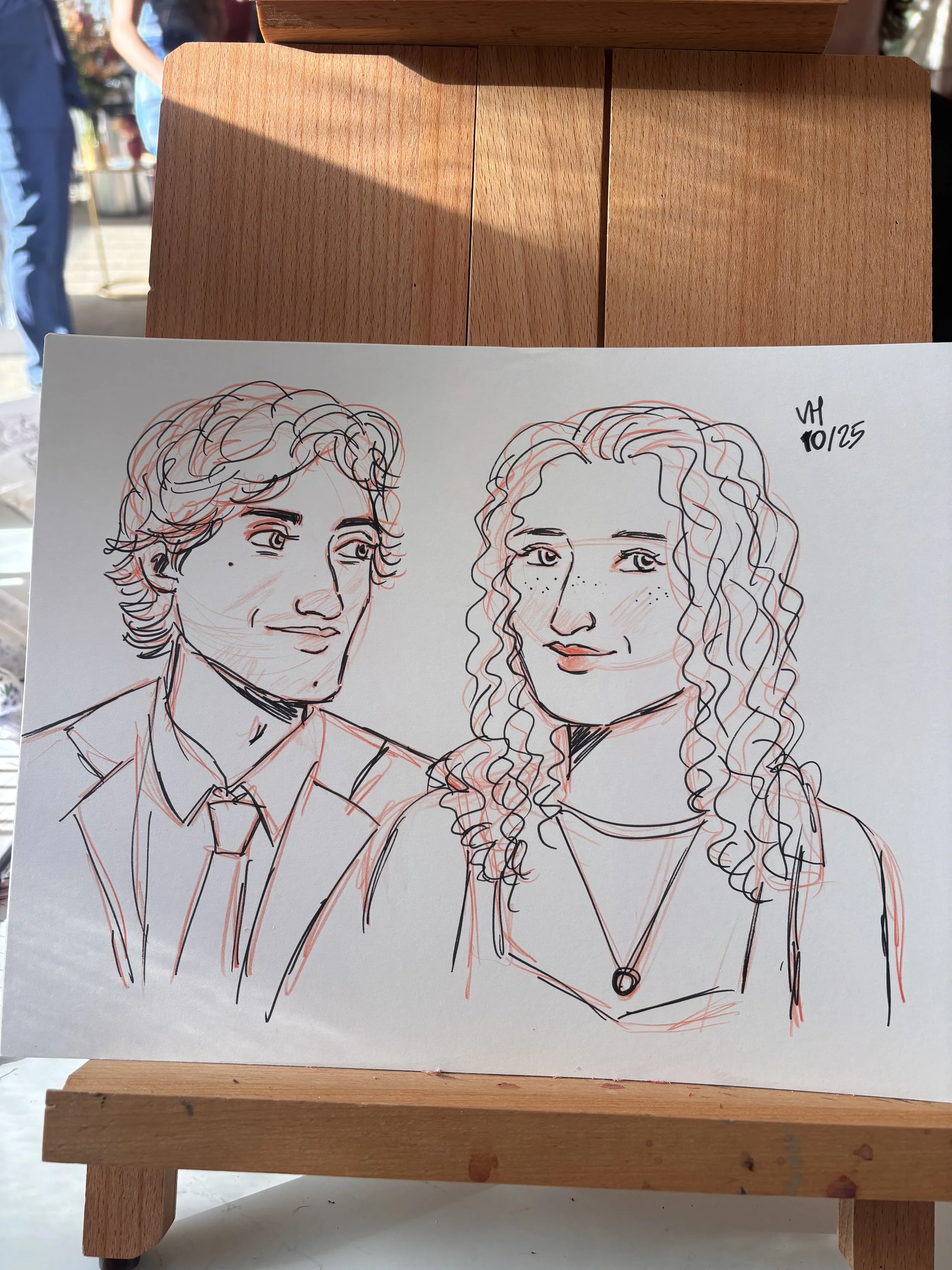 Two guests at a wedding, drawn in colored pencil and ink marker.