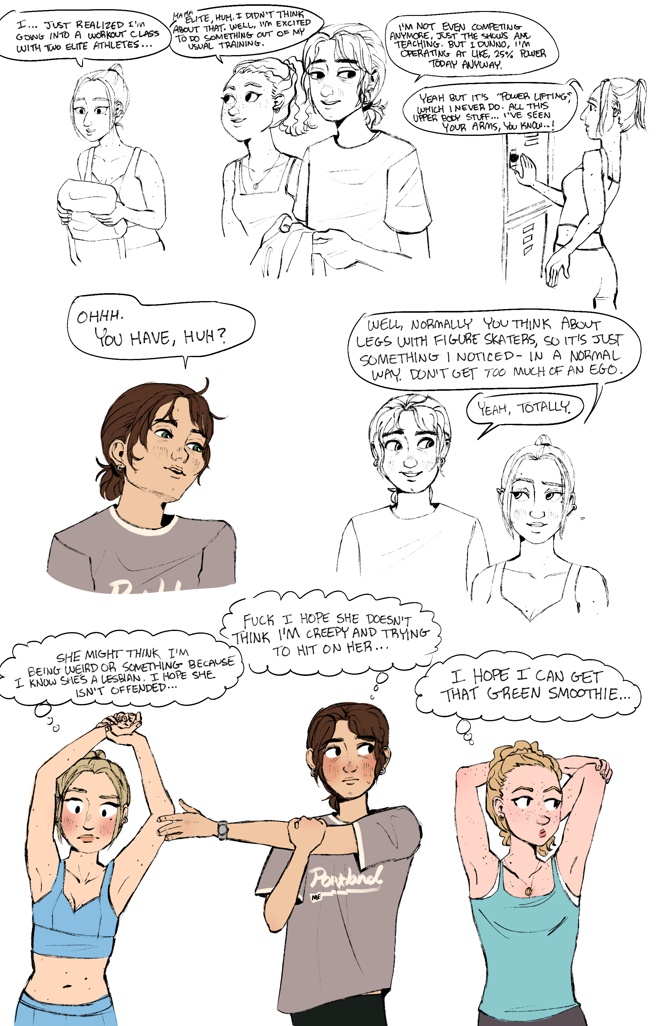 Lesbian art, sapphic wlw bisexual yearning. Characters experiencing a sapphic awakening, lesbian couple, cute comic. Western animation style. Webcomic.