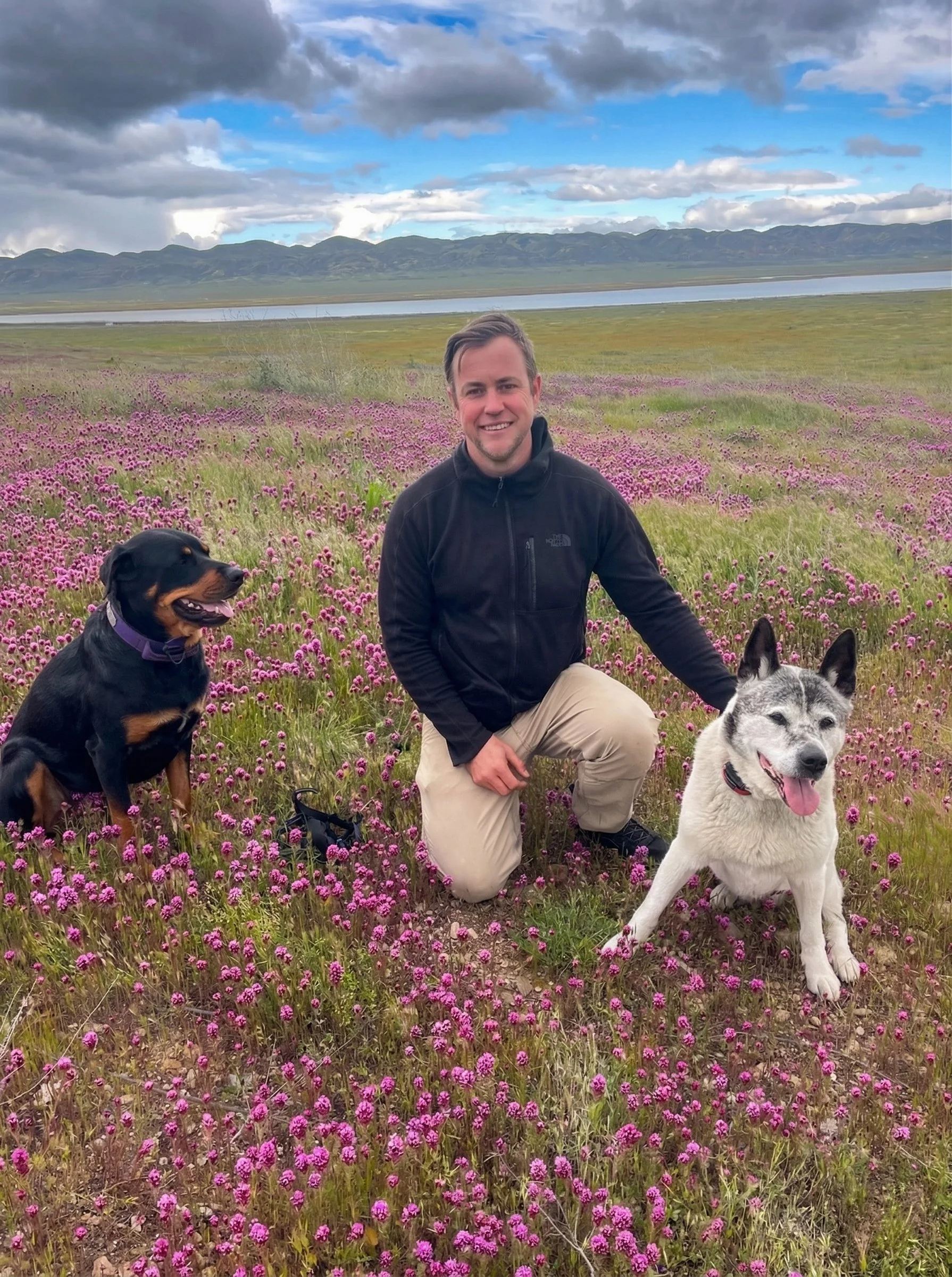 Eric Stokell kneeling in a field of pink flowers with two dogs, one black and tan and the other white and gray, during daytime with mountains and a body of water in the background.