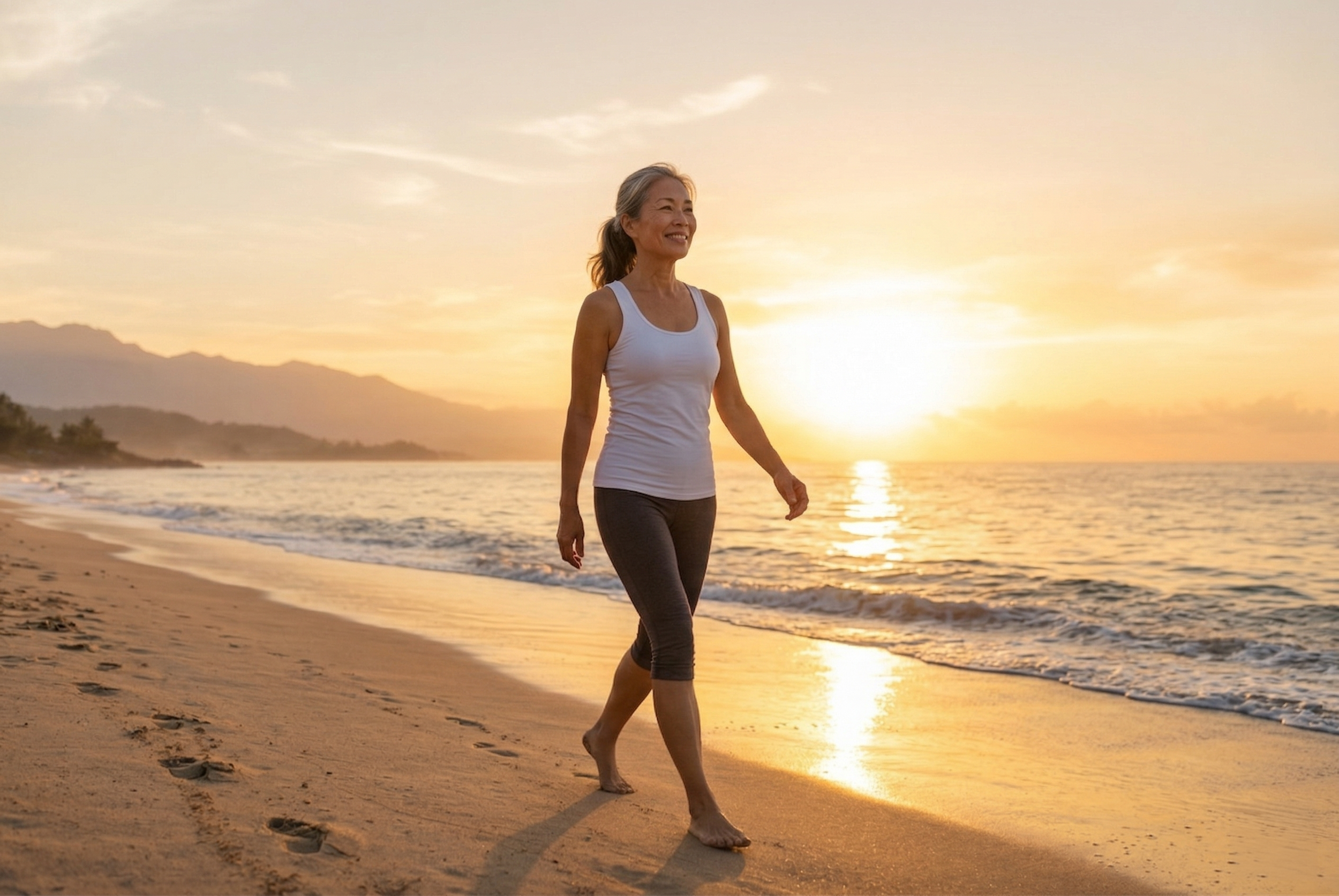 A smiling older woman in athletic wear walking barefoot on the beach during sunset, leaving footprints in the sand with mountains in the background.