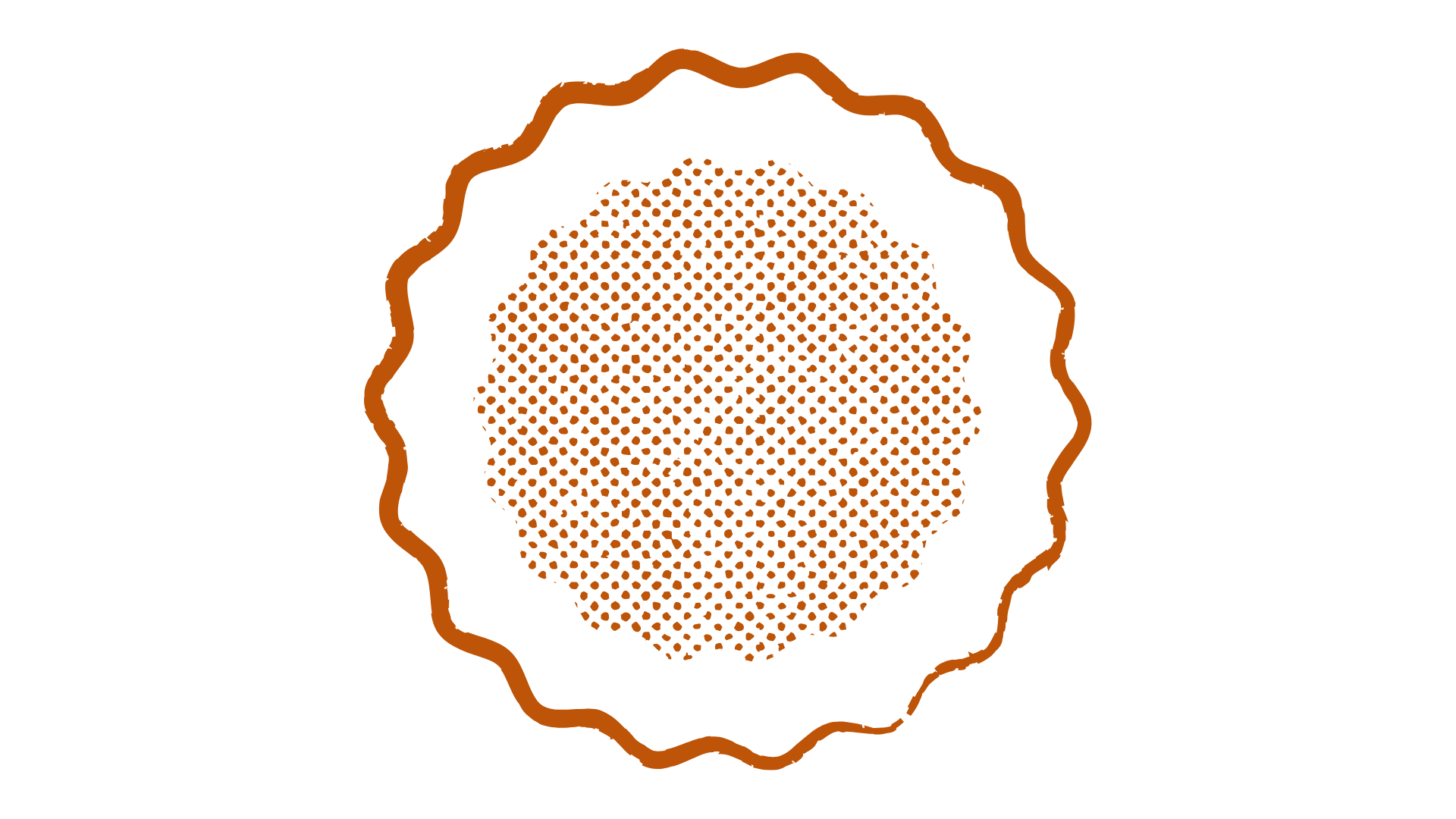 Illustration of a brain with a circular outline surrounding it, in a dotted style, on a black background.