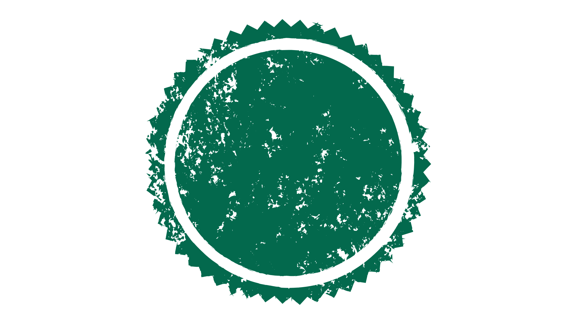 A green, circular stamp with a jagged edge and black inner circle, featuring a distressed texture.
