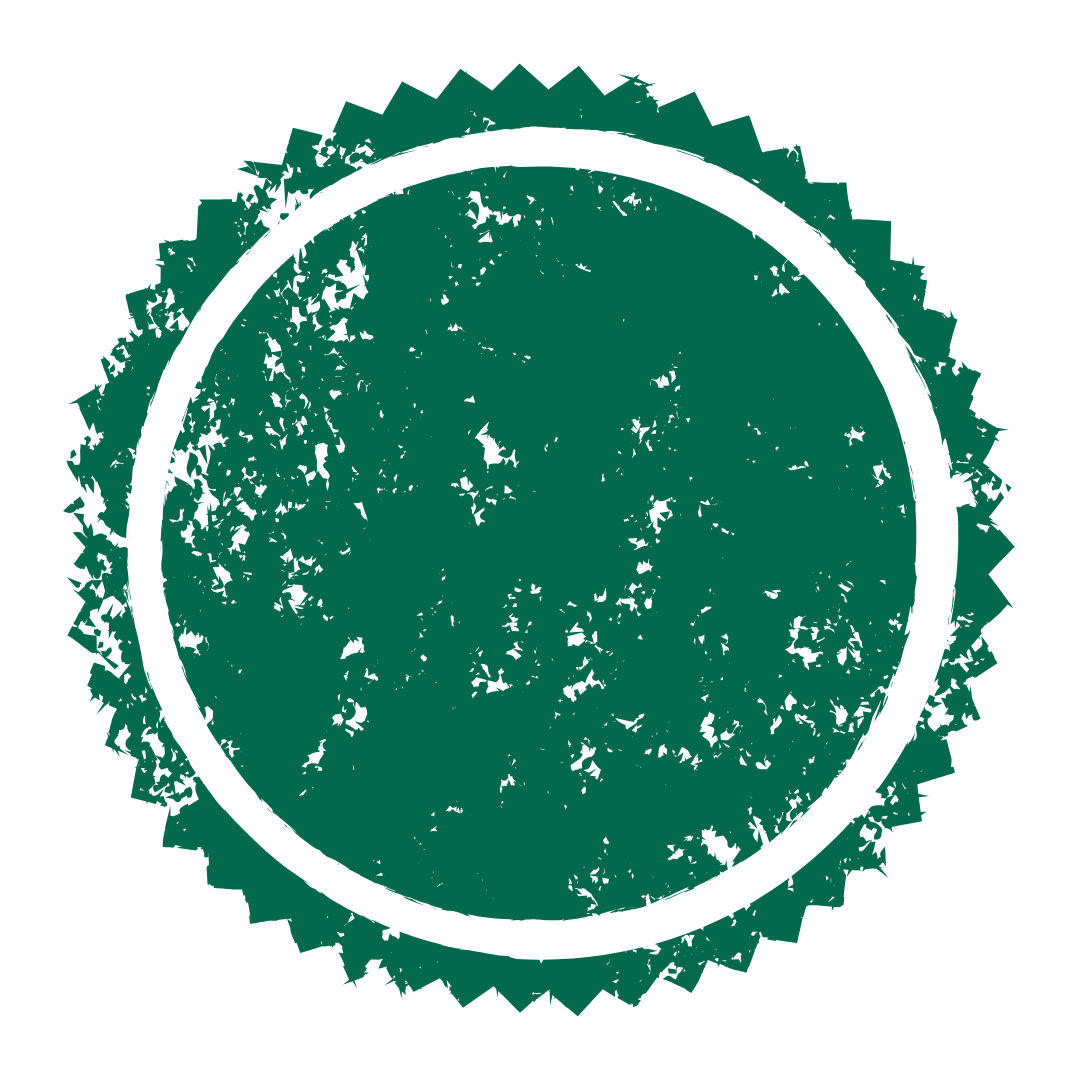 A circular green badge with a black border and jagged edges, featuring faint, scratched, and distressed texture.