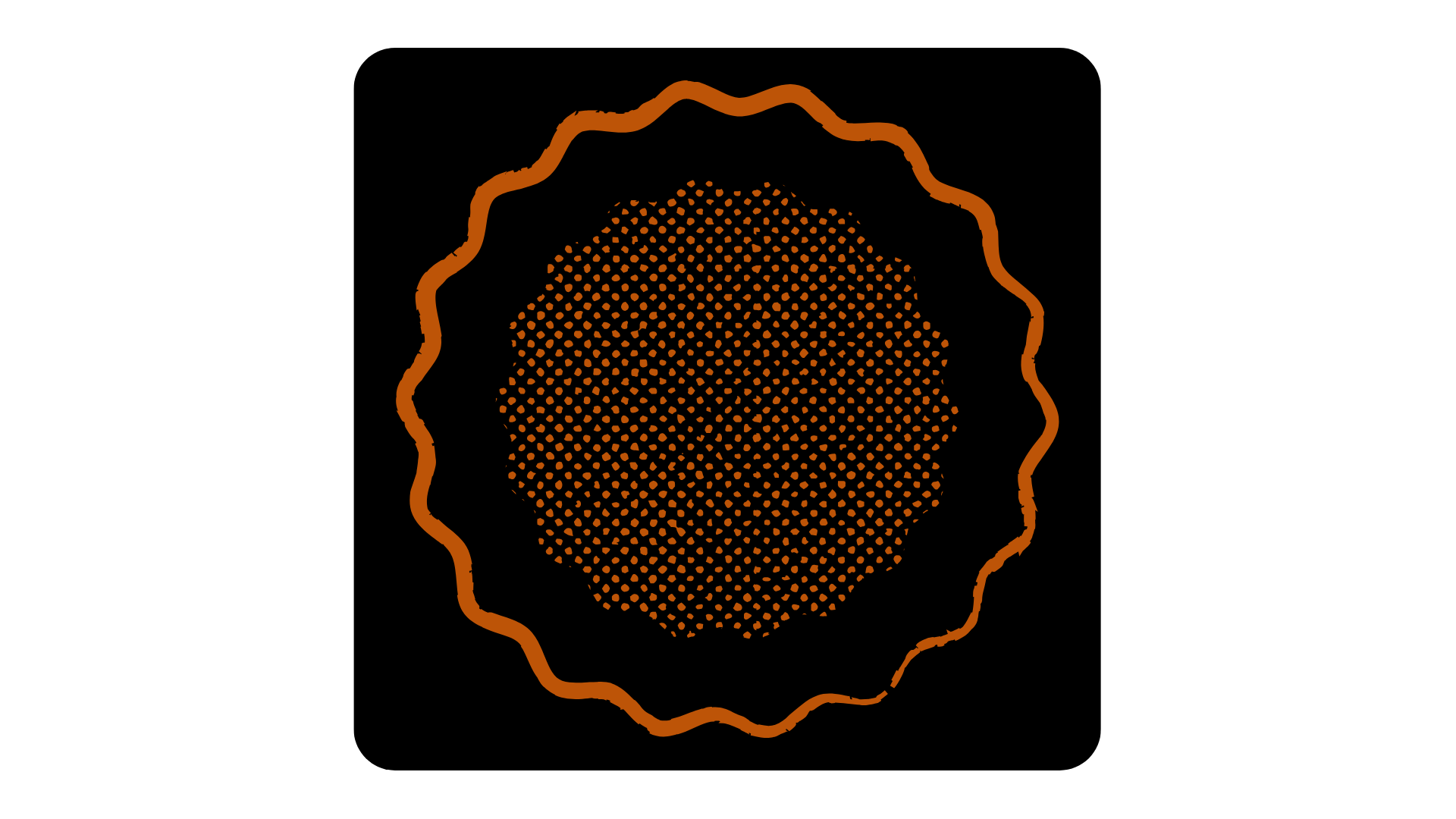 A black background with an orange dotted circle in the center, surrounded by a wavy orange border.