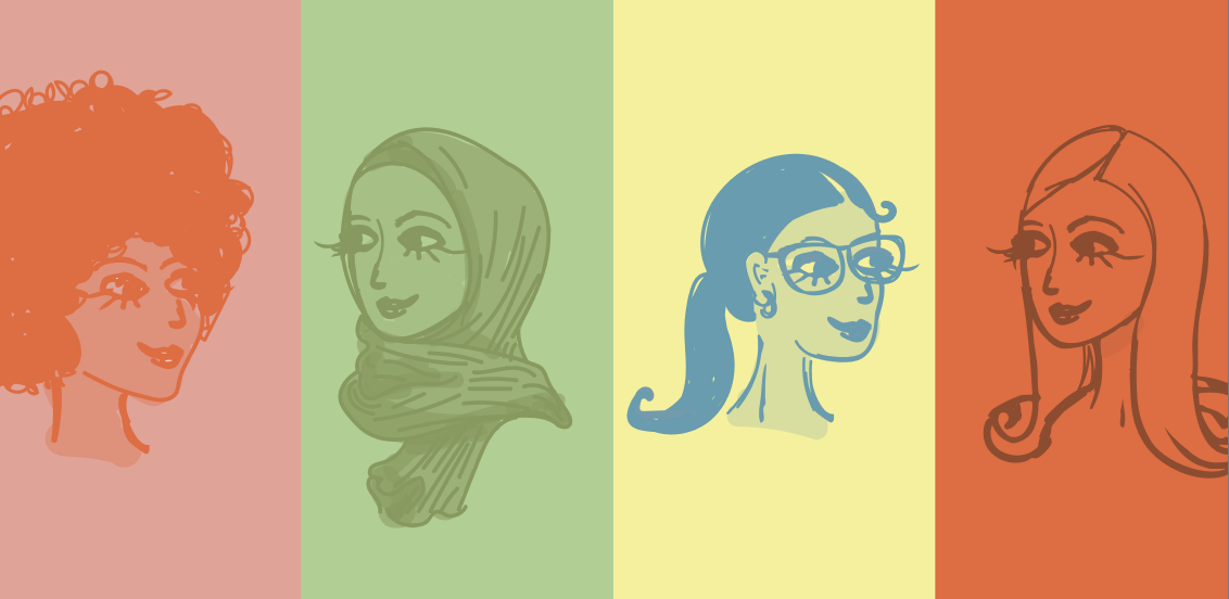 Line drawings of four women with different hairstyles and accessories, each on a colored background: pink, green, yellow, and orange.
