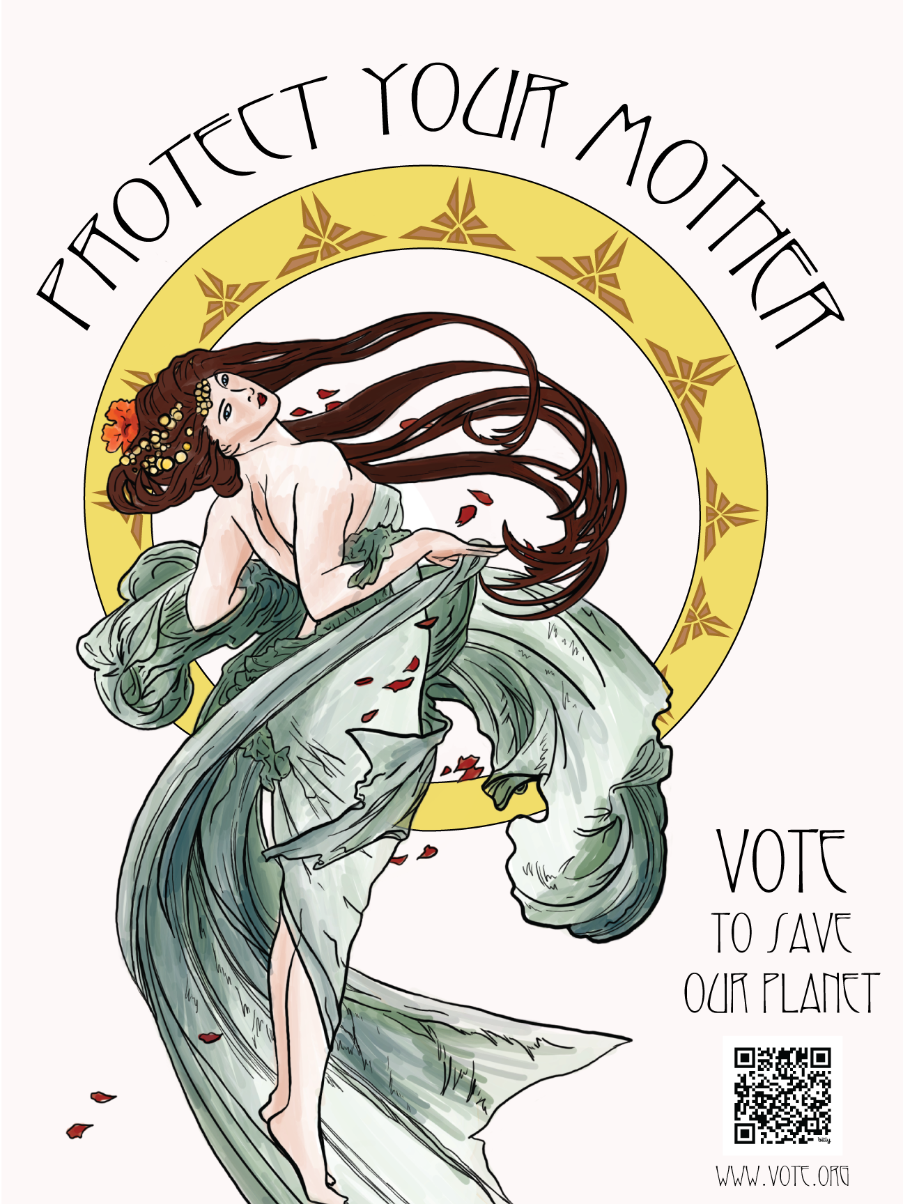 An illustration of an art nouveau woman with long brown hair, a green flowy dress, and a flowers/coral in her hair, surrounded by a yellow circle and the text "Protect Your Mother." Below, the message says "Vote to Save Our Planet" with a QR code.