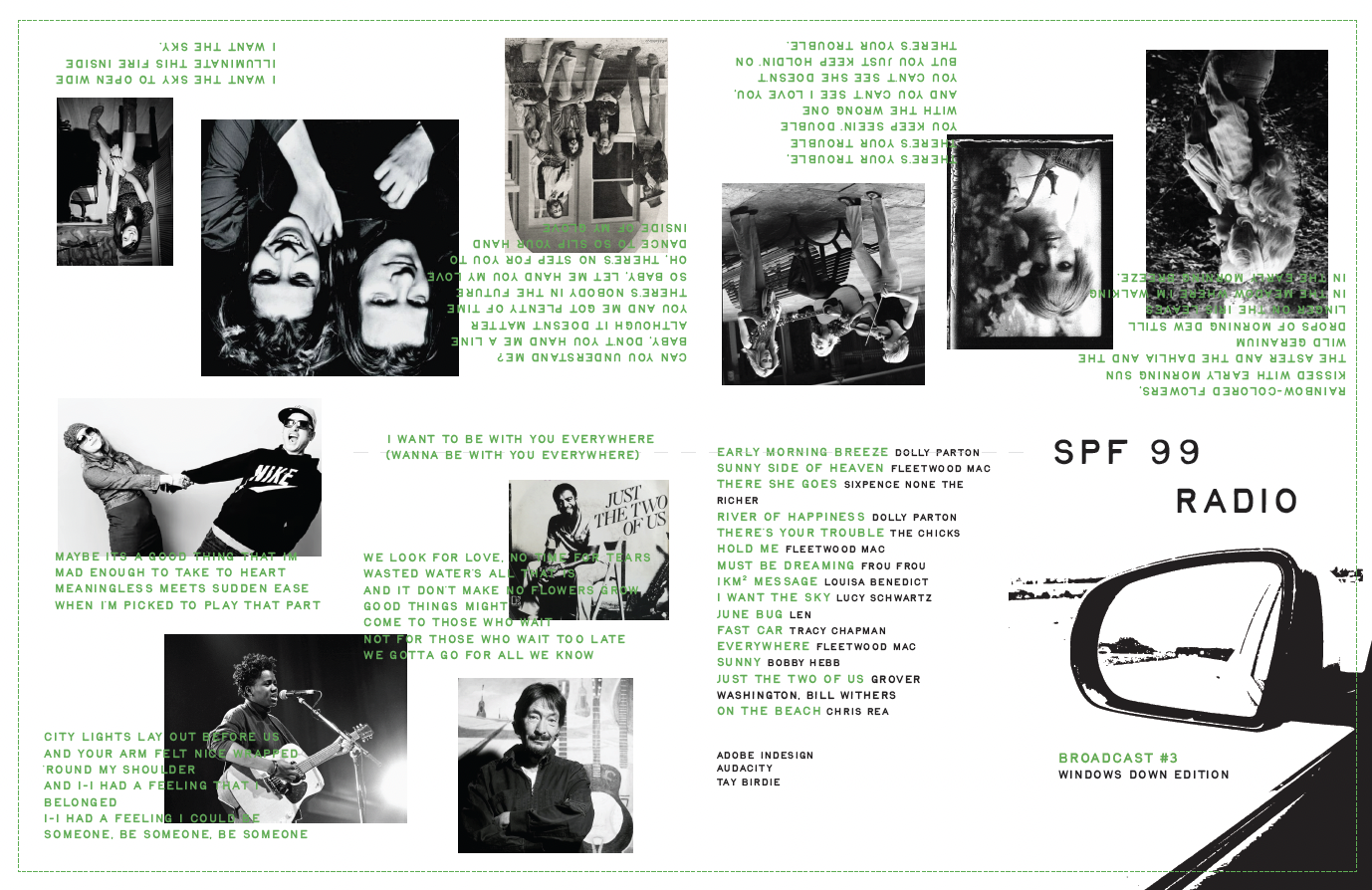 Collage of black-and-white photos of various people, including musicians performing on stage and individuals posing for portraits, along with green text of song titles and lyrics, and a graphic illustration of a radio.