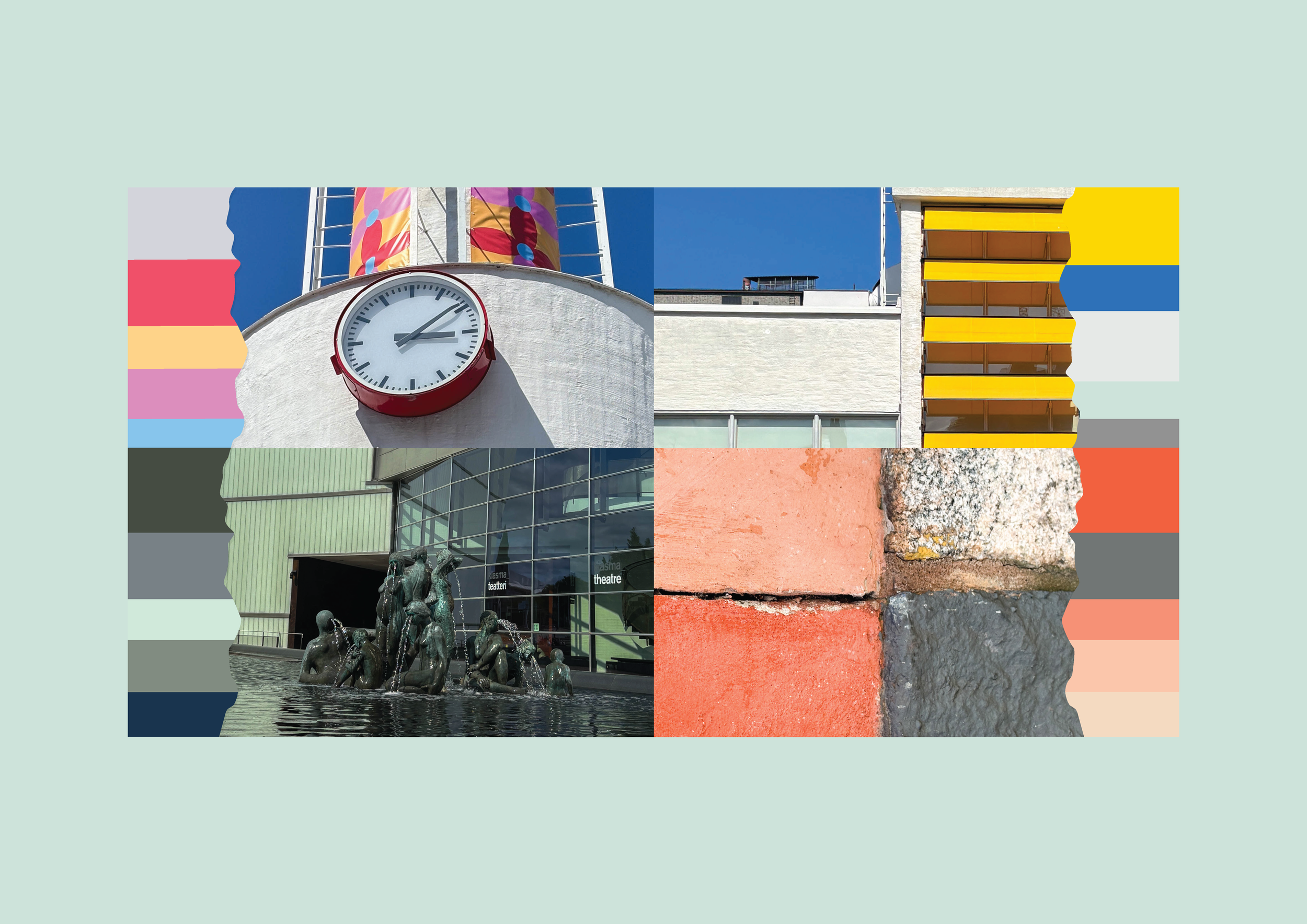 A collage of four images with colorful border accents: a clock on a white wall with a roller coaster in the background, a modern building with yellow and white accents, a bronze sculpture of multiple people at a fountain, and a close-up of different 