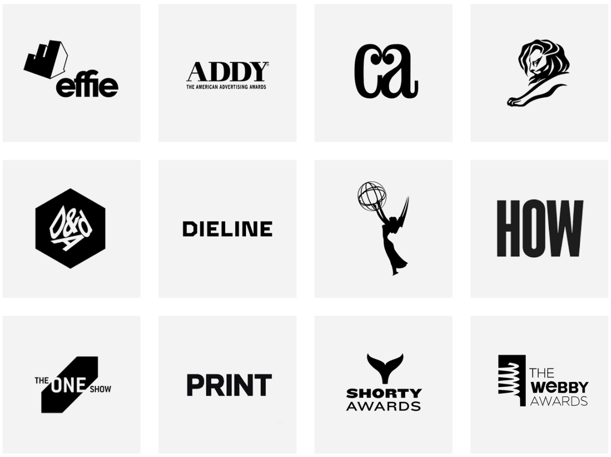 A grid of twelve black and white logos for various advertising awards and organizations.