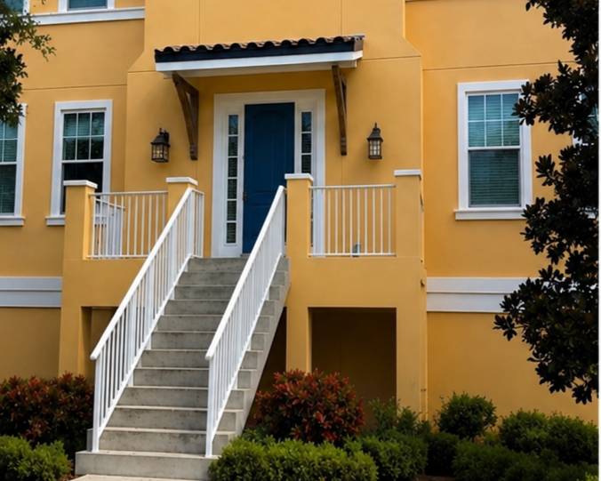 Yellow stucco house with a staircase leading to a blue front door, flanked by two black lantern-style wall lights, and surrounded by green bushes and plants.