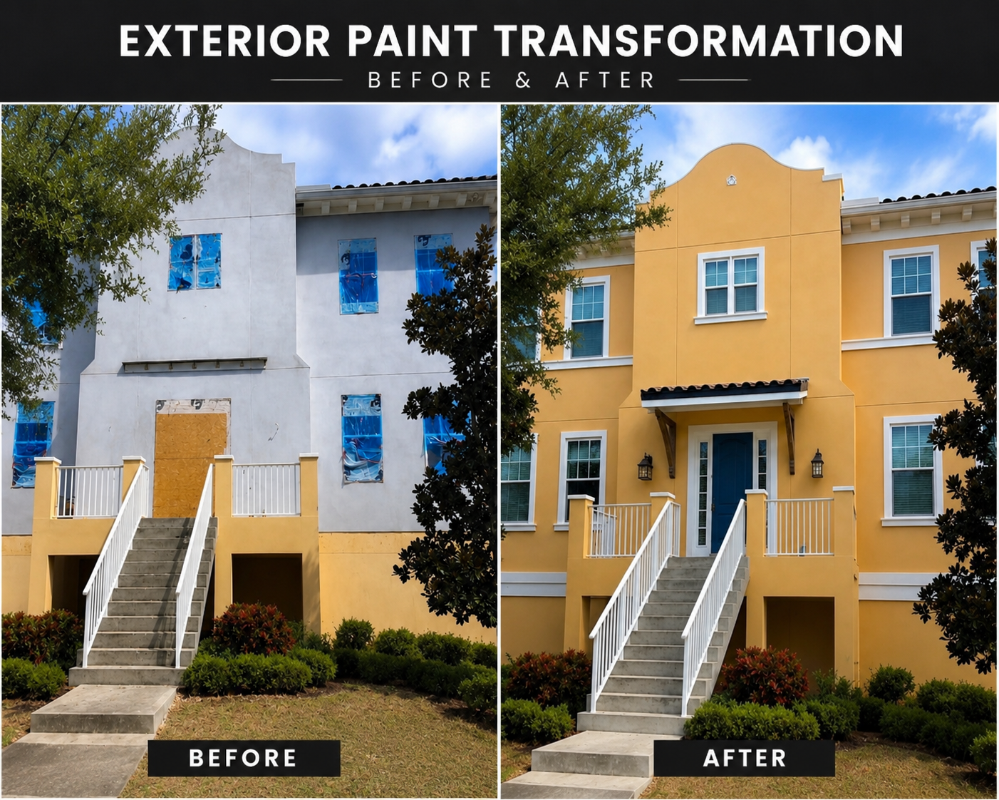 Side-by-side comparison of a house before and after exterior painting. The left side shows the house with a white primer coat and blue painter's tape over the windows, while the right side shows the completed house painted in bright yellow with white trim. The house features a front staircase and door with a small porch, surrounded by landscaping and trees.