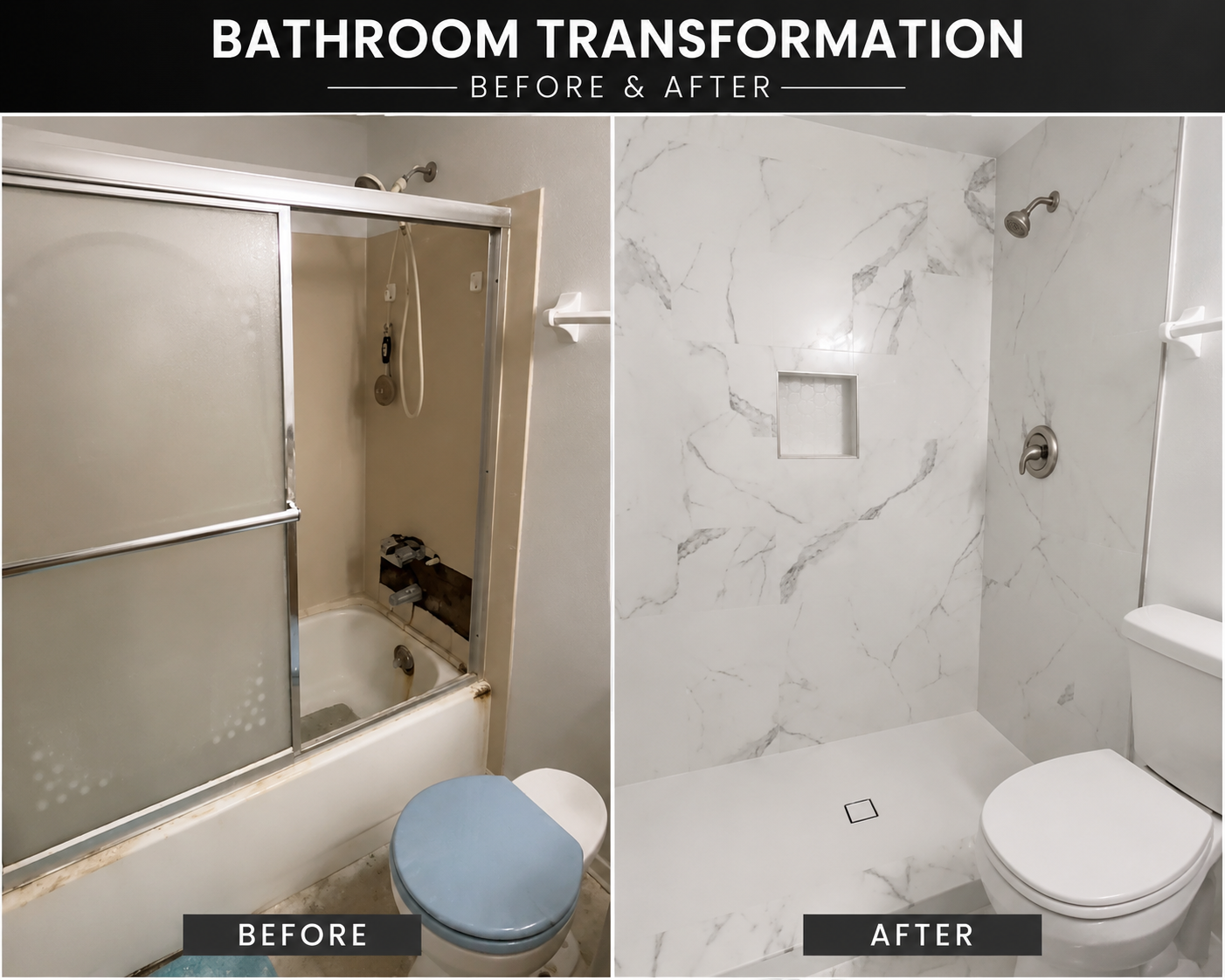 Side-by-side comparison of a bathroom before and after renovation. The before image shows an outdated bathroom with a stained bathtub, dirty flooring, and a shower with a damaged door. The after image displays a modern bathroom with a sleek shower featuring white marble tiles, a built-in niche, and a clean, polished appearance.